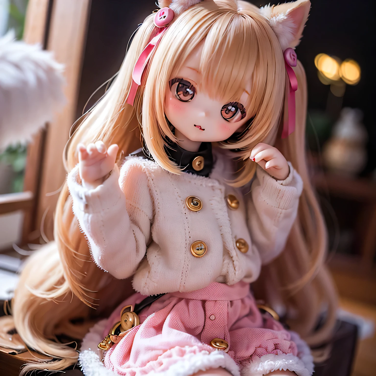 (beautiful, Fine grain:1.1, Cute Button Nose, small pink lips), Fluffy fur, Playful pose, Vibrant colors, Soft lighting, Fun atmosphere, High-definition masterpiece:1.2, shiba inu girls, Chibi Style、mini skirt