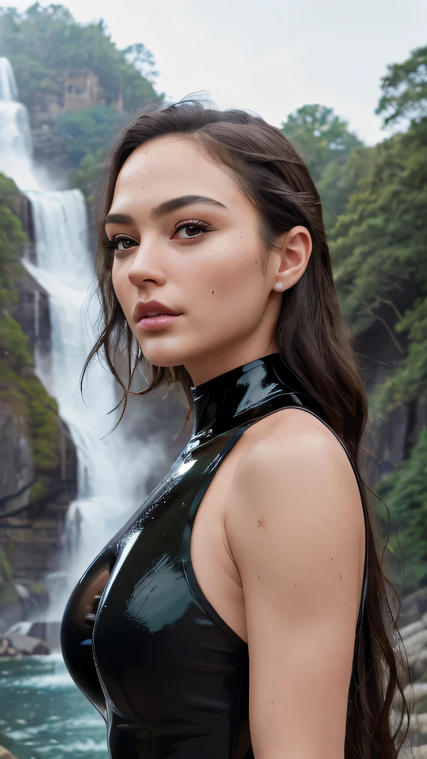 最high quality, masterpiece, 超High resolution, (realism: 1.4), Original photo, 1 girl, black eye, ((Black latex leotard)), Cinema Lighting, Long black hair, At sunset、masterpiece, 最high quality, high quality, High resolution、Very detailed photos、(Natural skin texture、Detailed skin、Hyper realism、Ultra Sharpness)、Highly refined muscles、Very detailed、Detailed skin texture、Beautiful Face、(Realistic Face)、Realistic eyes、Beautiful fine details、Realistic Skin、Beautiful Skin、Ultra-realistic、Very detailed、(((In front of a large waterfall in the forest、)))、Big Tits、(Face close-up)
