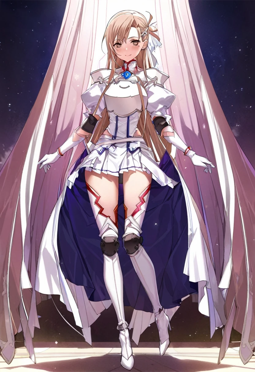 masterpiece, highest quality, High resolution　Magical Girl Asuna、ALO Asuna、Lambent Light、Puff sleeves、Shoulder rest、Silver Breastplate、Pleated skirt、Long gloves、Thigh-high stiletto long boots、Knee pads、brooch、Hair clip、Hair Ribbon、Standing still、Full Body Shot、