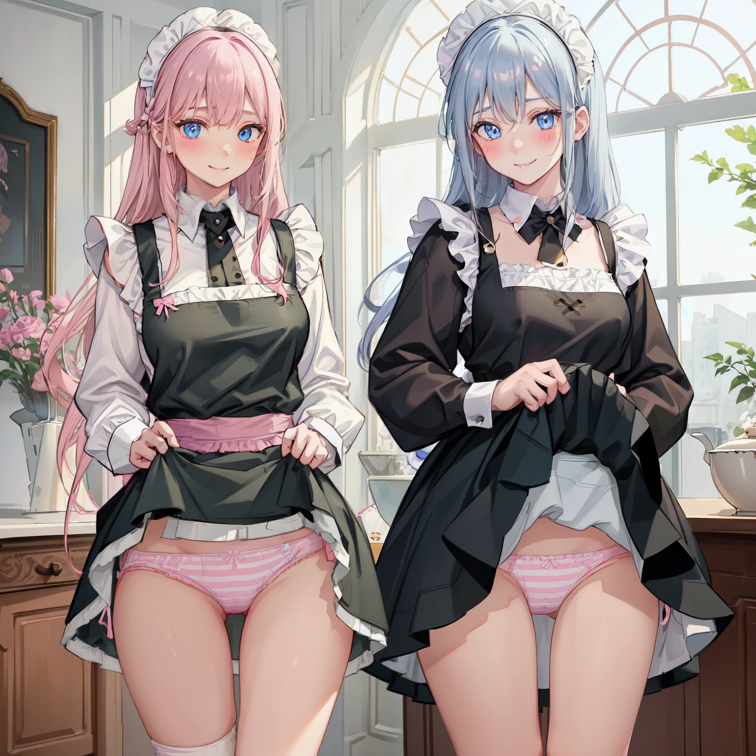 highest quality, masterpiece, ((2 girls:1.5)), ((smile:1.3)), (blush:1.3), Black Shirt, blouse, ((fun!!)), (Small breasts), Blonde, (Long sleeve), ((White apron:1.5)), ((Maid)), ((hair ornaments)), Kamimei, look at me, ((in house:1.5)), Taking a break from watching the audience, Cowboy Shot, (skirtlift:1.3), (Highly detailed pink striped panties:1.3), (Highly detailed panties:1.3), (skirt that rolls up:1.3), (Panties fully exposed:1.5), Light blue eyes, long hair, Glowing Eyes