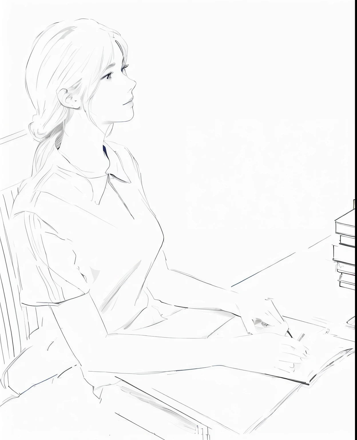 a drawing of a woman Sitting at the table. with a laptop, Sitting at the table., Sit at the table.ของเธอ, Sitting at the table., outline, Sit at the table., sitting on the table, outoutline, trying to study, Sitting at the table.ของเขา, rough draft, sketch art style, studying, Thinking position, Sitting behind a desk, Sitting at the table.
