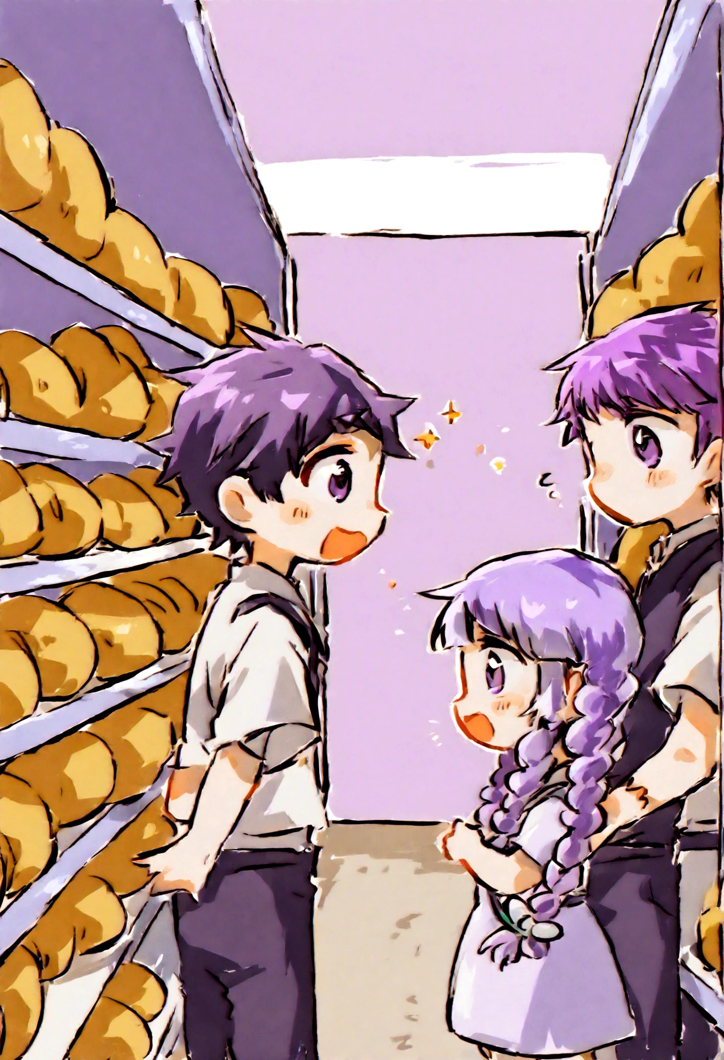 Two people, A boy and a girl, Two children buying fruit in the supermarket, one girl has double Fried Dough Twists braids, (((white to purple hair))), the other girl has short hair, On the opposite side, kaeruyama yoshitaka