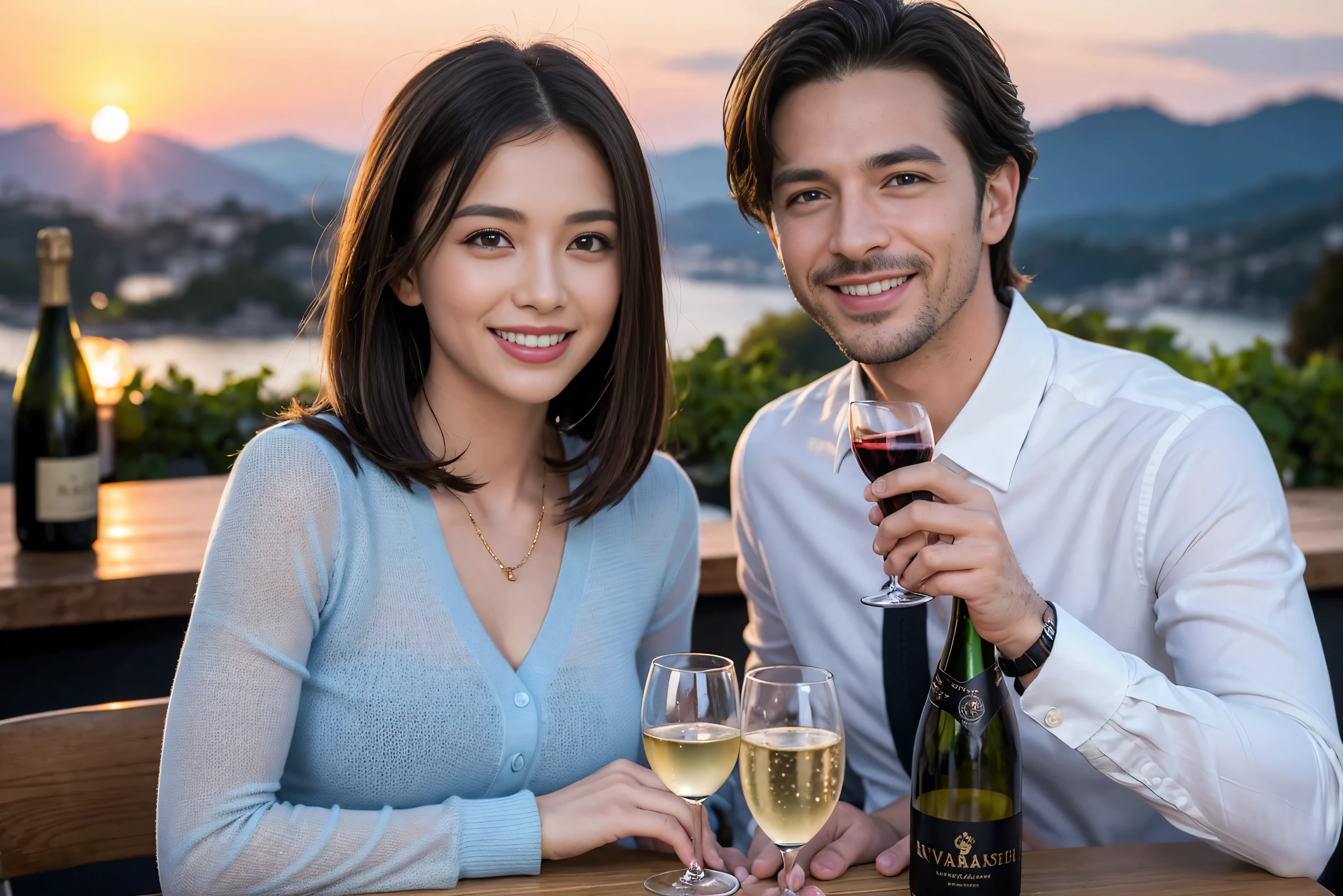 ((highest quality、8k、masterpiece:1.3))、1 male、1 female、lover、Beautiful couple、Smile、 (Slim face), (the body is スリム), (Brown Hair), (Shortcuts), ((Bob Hale、Straight hair:1.2)), Wine glass on the table、Please shine a light on my face、 Amazing view of the sunset sky and clouds、Amazing mountain views、The beauty of a smile、Bright image、Blushing, Shortcuts,Bright Face、 (Age 35), 39 years old, red wine 、Appetizers、Italian food、Wine bottle、Champagne、sparkling wine、Long sleeve shirt、dress、Attractive beauty、restaurant, Nova Frog Style, actress, model, Upper Body, White wine, red wine, wine glass, 