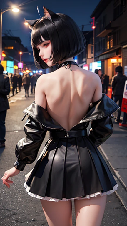 evildoer、girl、Hiding one eye、Black Hair、Bobcut、Black Veil、Black flared mini skirt、Eyes、Cat ear、cute、profile、Close-up of face、10generation、tall、eight-headed body、Morning back alley、Neon lights in the distance、Crouch down