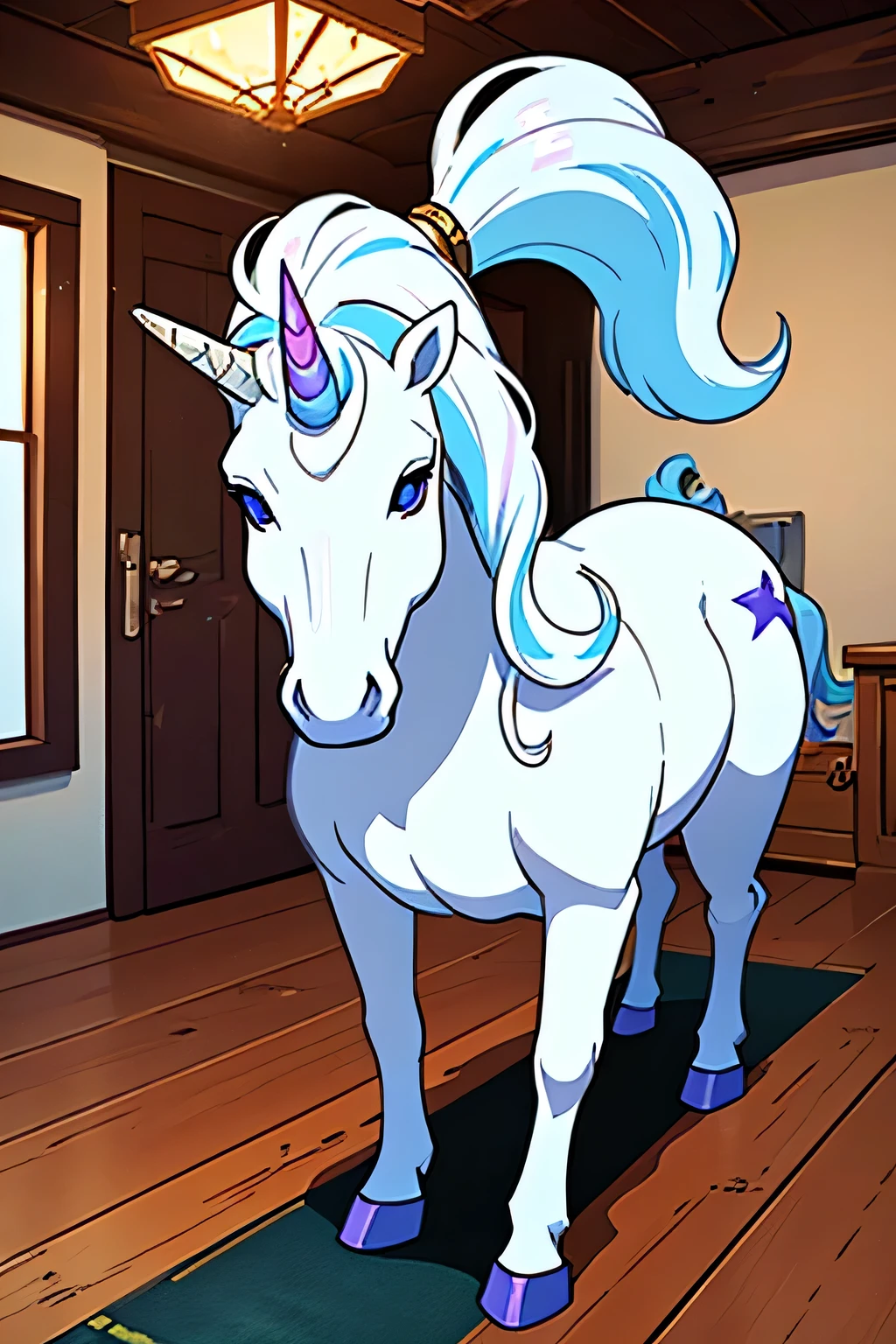 A unicorn that is made of metal and painted glossy white, trundling around the room in a circular track, bobbing his head stiffly up and down, his glossy paint was chipped and peeling, and his face was given over to rust, his eyes were lively, gazing out of the decay