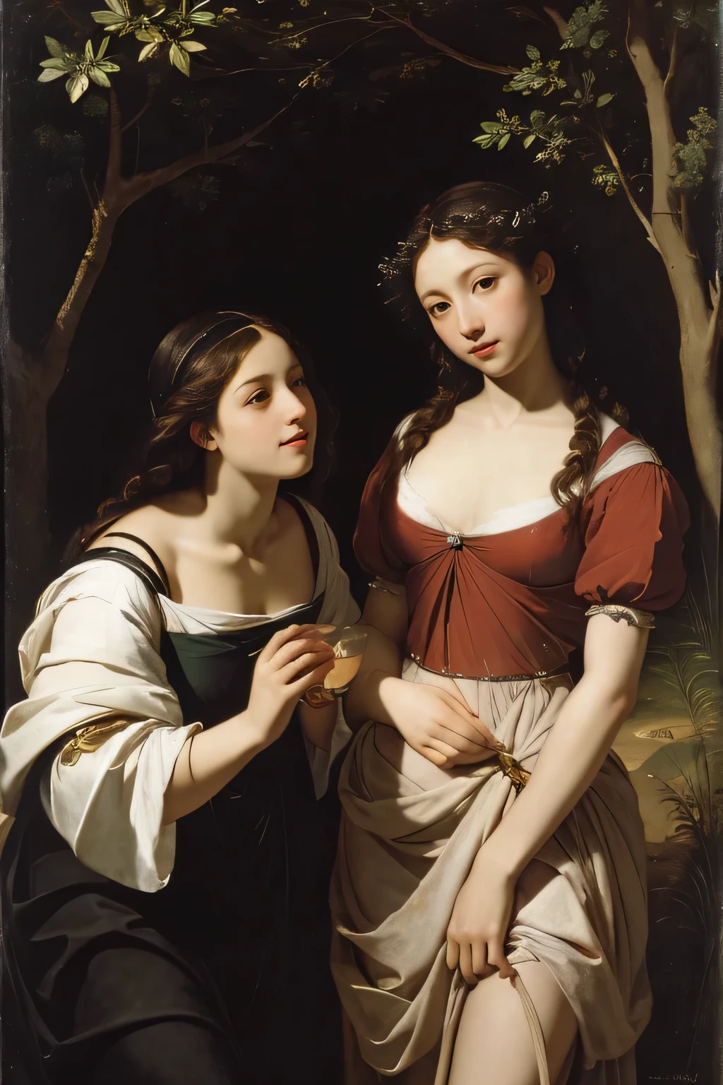Giorgione painting style,Barbizon forest A beautiful woman in Greek dress smiles on the shore,Sweet and seductive appearance.、Caravaggio's paintings、Chiaroscuro of Caravaggio、hair tousled by the wind,Two women frolicking,cute smile, expression of ecstasy,Sexy,erotic, full body portrait