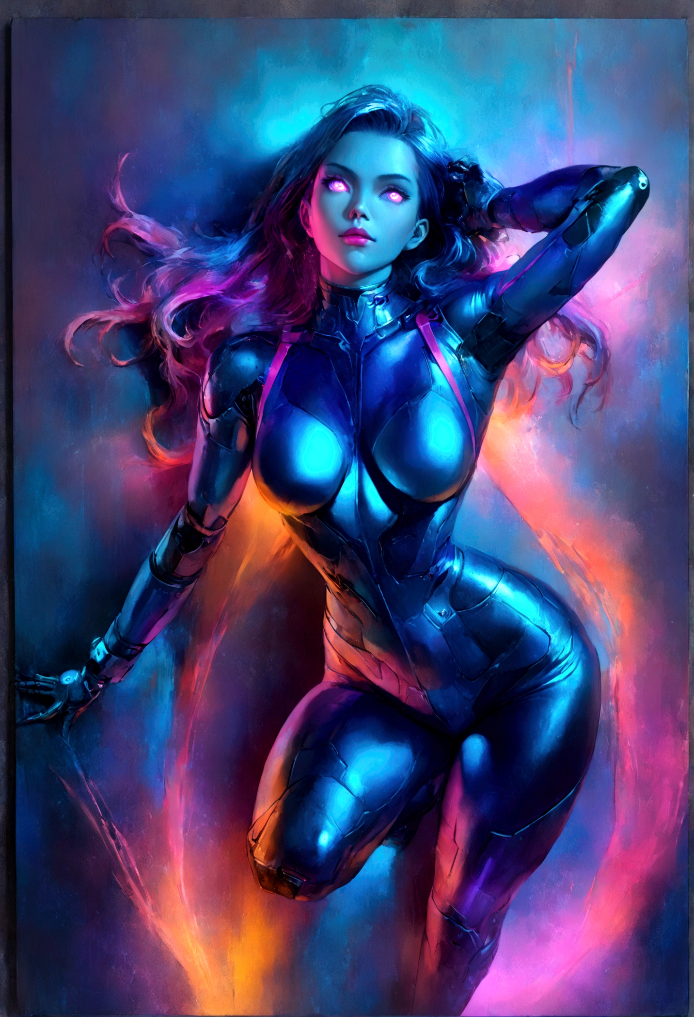 Female Android、(Perfect body,Ultra feminine curves),(highest quality,4K,8k,High resolution,masterpiece:1.2),Super detailed,(Realistic,photoRealistic,photo-Realistic:1.37),High resolution,超High resolution,Studio Lighting,Ultra-fine painting,Sharp focus,Physically Based Rendering,Very detailed explanation,Professional,Vibrant colors,Bokeh,Portraiture,figure,Retro,sketch,(Neon color,Digital Art:1.4),Blue metallic effect,Neon colorの背景,Dynamic pose,reflection,Glowing Eyes,,Cyberpunk aesthetic,Purple and blue color palette,Soft Shadows,artificial intelligence,Exquisite detail