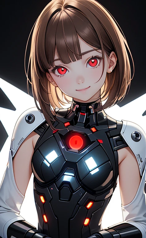 (Photorealistic:1.4)、(,20-year-old:1.5),(masterpiece、lens flare:1.5、spot light:1.2、Exquisite beautiful eye:1.5,portlate),(kind eyes、tareme:1.9),()
、Cute Face、 3D Face、(light brown hair:1.5)、(short hair),(very long sidelock :1.5),(blunt bangs:1.3),(1 woman)、(Red eyes:1.2)、(upper body:1.5)、(clear face:1.5)、(head tilt) ,(Cute face:1.2),(flat chest),(),kind face,(cyber punk suit),(black background:1.5)、(glowing eyes:1.3)、()、 Neat and clean、Adorable、Demure,Slim Body(),Shiny Hair、()、Nijisketch,Manga,smiley face, grin