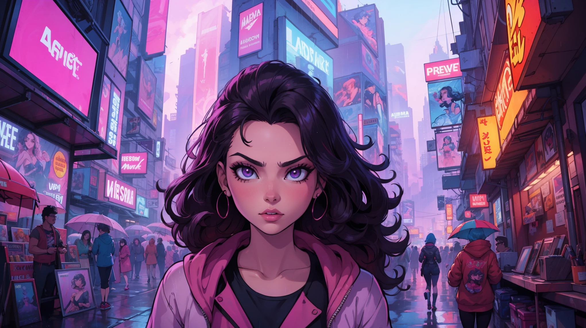 a woman with long hair standing in the rain in a city, [ 4 k synthwave art style ]!!, synthwave art style ]!!, martin ansin, synthwave art, 4k detailed digital art, synthwave art style, alena aenami and artgerm, cyberpunk art style, synthwave style, jen bartel, martin ansin artwork portrait