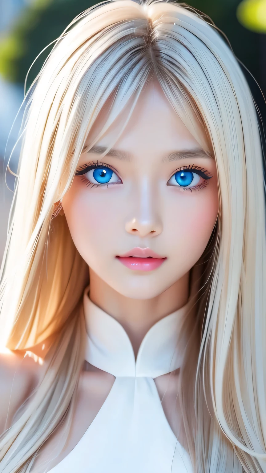 Perfect beautiful face、Beautiful cute girl 20 years old、Sexy and very beautiful cute face、Beautiful cute sexy sky blue eyes、Very super long beautiful shiny silky straight pearl blonde hair、Super long beautiful bangs、White skin、Glossy Skin、Gloss Face、Cheek gloss、Hair above the eyes、片Hair above the eyes、Hair between the eyes、