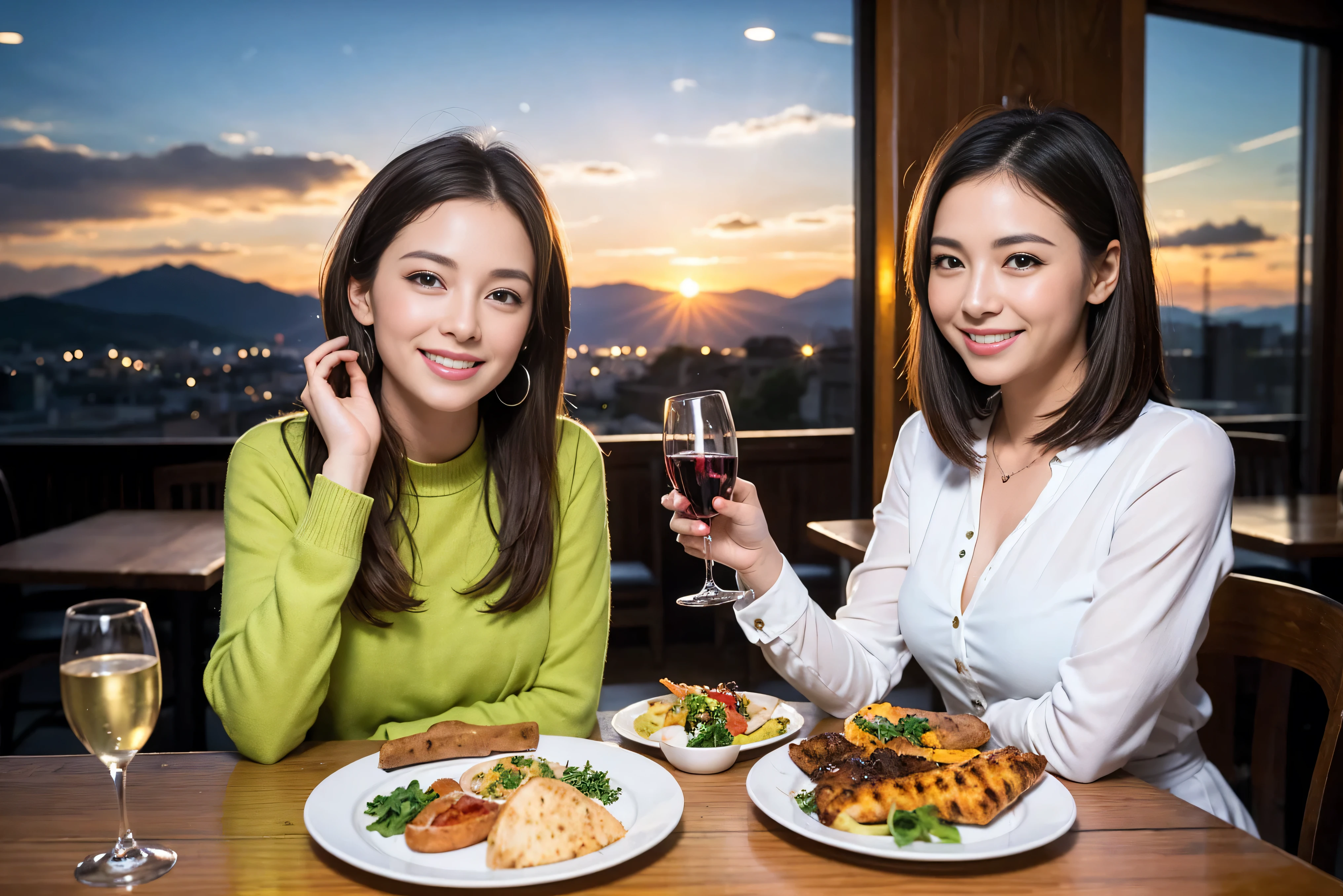 ((highest quality、8k、masterpiece:1.3))、1 male、1 female、lover、Beautiful couple、Smile、 (Slim face), (the body is スリム), (Brown Hair), (Shortcuts), ((Bob Hale、Straight hair:1.2)), Wine glass on the table、Please shine a light on my face、 Amazing view of the sunset sky and clouds、Amazing mountain views、The beauty of a smile、Bright image、Blushing, Shortcuts,Bright Face、 (Age 35), 39 years old, red wine 、Appetizers、Italian food、Wine bottle、Champagne、sparkling wine、Long sleeve shirt、dress、Attractive beauty、restaurant, Nova Frog Style, actress, model, Upper Body, White wine, red wine, wine glass,
