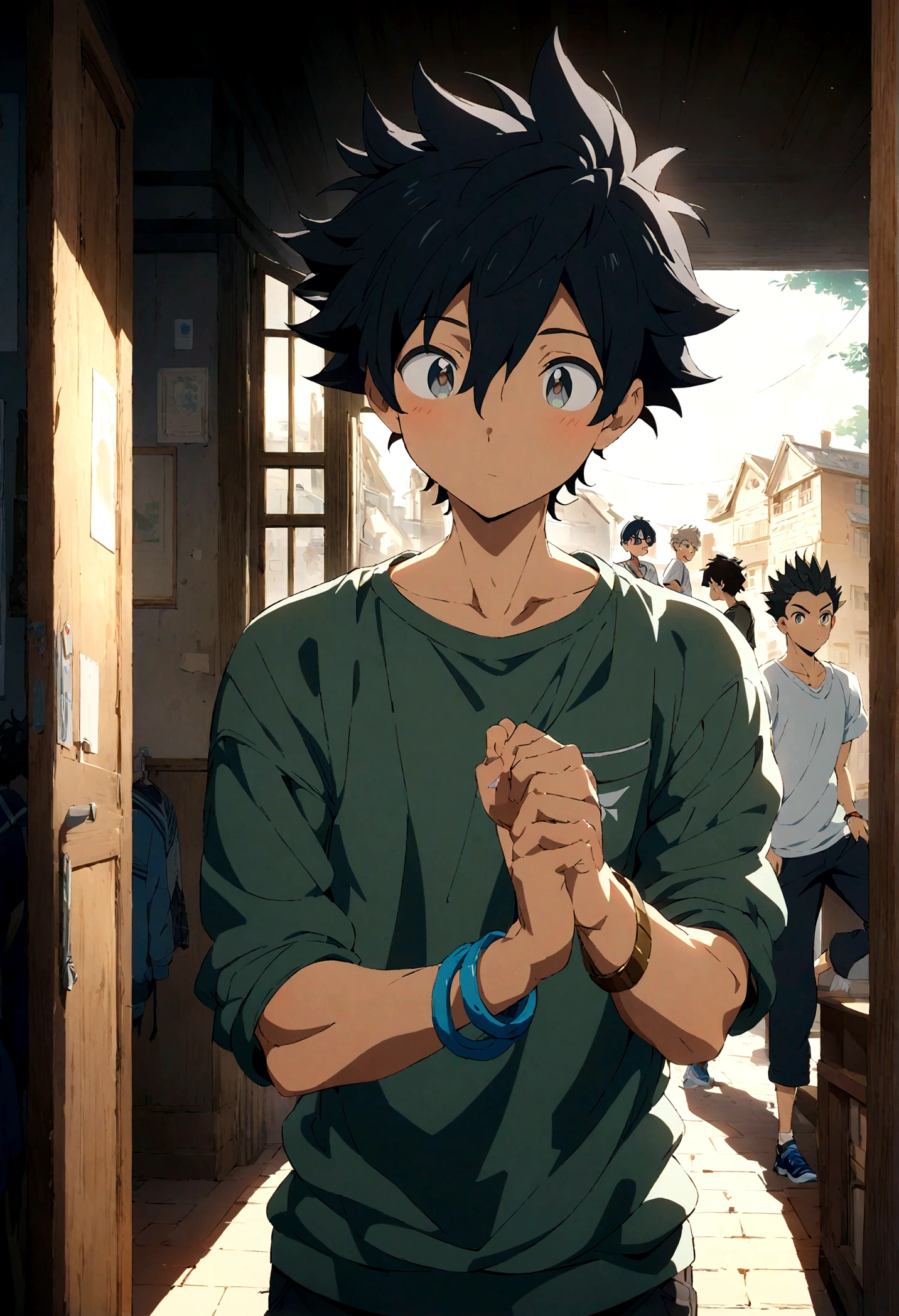 boys,,,,,,boys,,,,,,male protagonist,,,Bright Eyes,Black Hair,Refreshing guy,bright personality,Men&#39;s Center,A rich expression,bracelet,Athletic Department Boys&#39; Dormitory,Pure Innocence,Spiked Hair,white,Casual clothes,creation,high resolution,4k,8k,quasi-masterpiece,highest quality,Anime Style,Makoto Shinkai Style,Cel animation art,Light and Dark,light and dark,