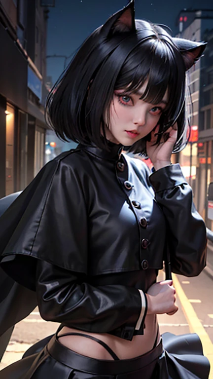 evildoer、girl、Hiding one eye、Black Hair、Bobcut、Black Veil、Black flared mini skirt、Eyes、Cat ear、cute、profile、Close-up of face、１０generation、tall、eight-headed body、Back alley at night、Neon lights in the distance、Her white panties are slightly visible、