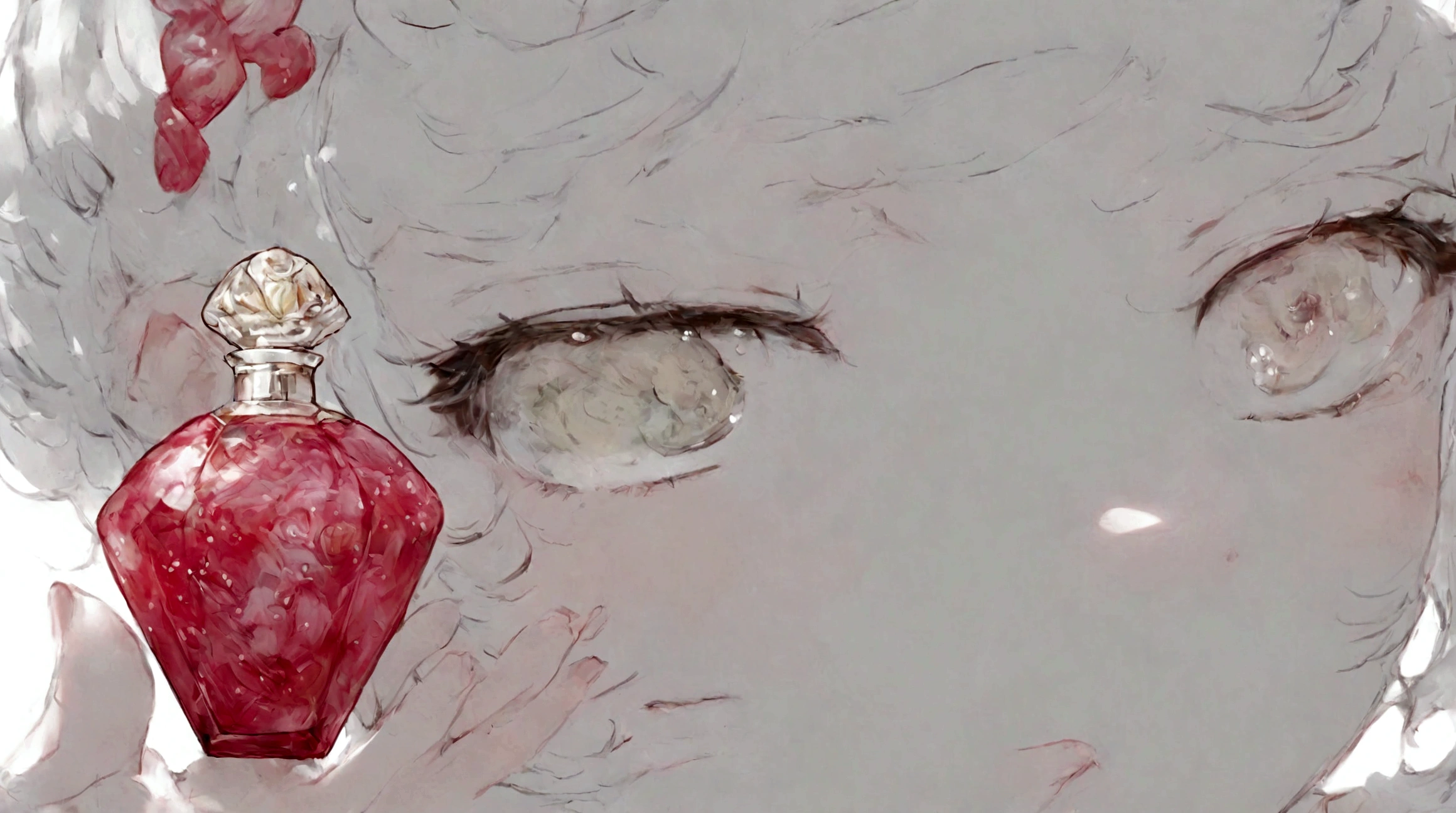 pink Candy is wearing a hat with a red ribbon., Holding a perfume bottle, Long sleeve white dress, And bare feet. 彼女のpinkの前髪はイチゴの帽子の下から覗いていて、Each eye has three eyelashes。. Shine; Sparkling strawberry flowers
