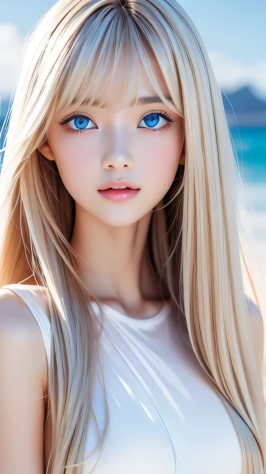 Perfect beautiful face、Beautiful cute girl 20 years old、Sexy and very beautiful cute face、Beautiful cute sexy sky blue eyes、Very super long beautiful shiny silky straight pearl blonde hair、Super long beautiful bangs、White skin、Glossy Skin、Gloss Face、Cheek gloss、Hair above the eyes、片Hair above the eyes、Hair between the eyes、