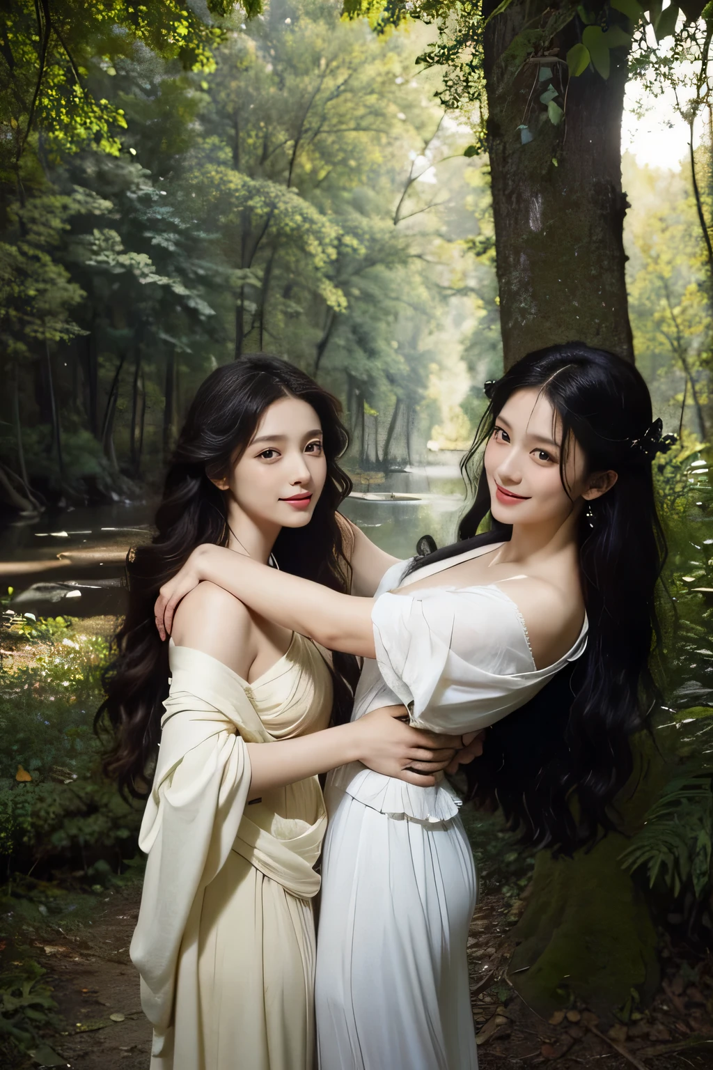 Giorgione painting style,Barbizon forest A beautiful woman in Greek dress smiles on the shore,Sweet and seductive appearance.、Caravaggio's paintings、Chiaroscuro of Caravaggio、hair tousled by the wind,Two women frolicking,cute smile, expression of ecstasy,Sexy,erotic, full body portrait