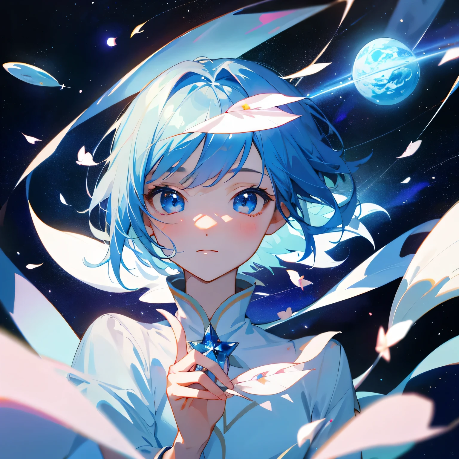 (highest quality、masterpiece、Surreal)、Portrait of a delicate girl with blue short hair making an X with both fingers、The background is space、Twinkle Star,petal、Earth,