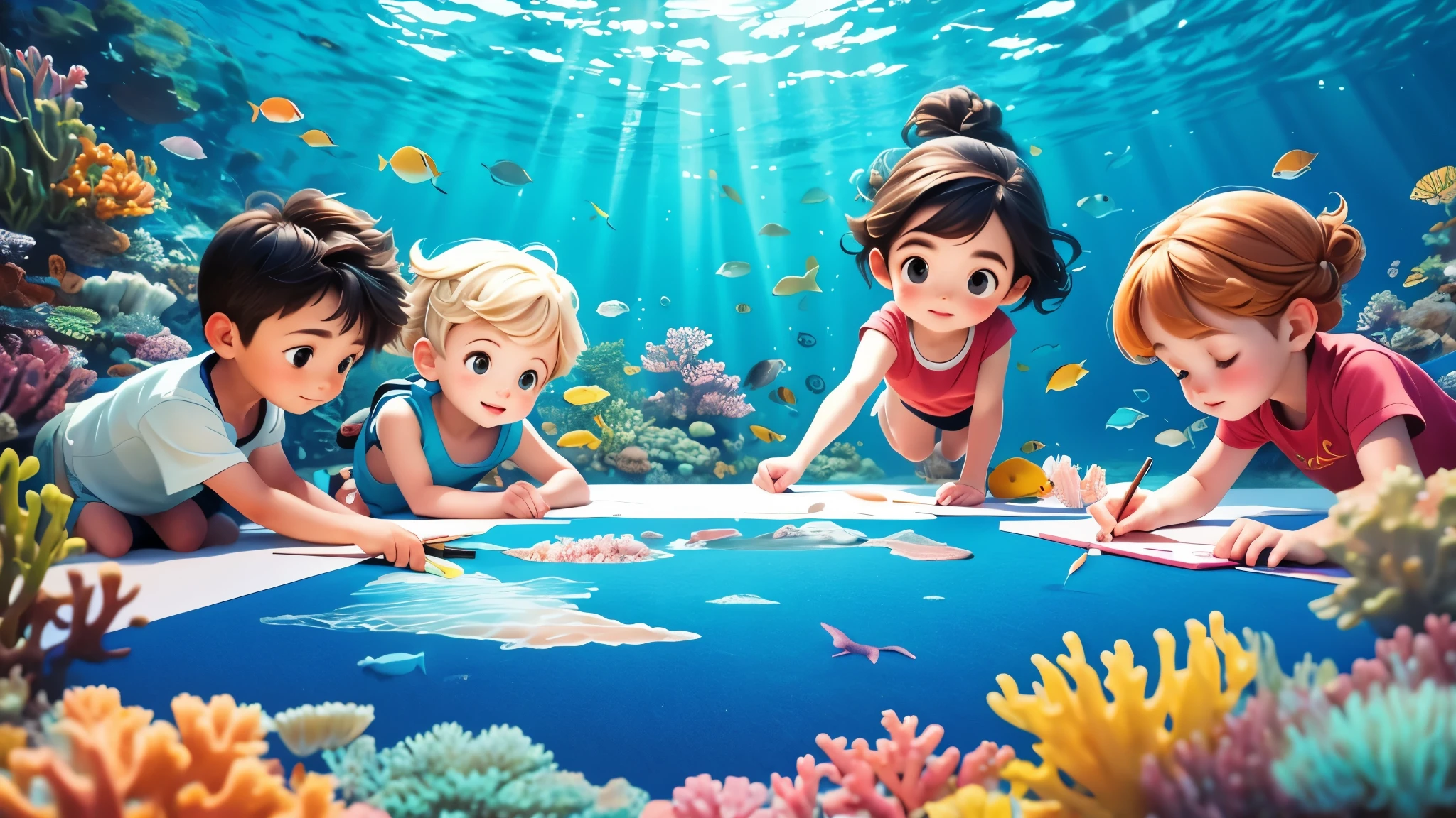 A group of children,Boys and Girls,Holding a paintbrush and a drawing board to draw marine life,The background is the beautiful underwater world,Cartoon Style