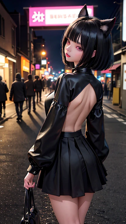 evildoer、girl、Hiding one eye、Black Hair、Bobcut、Black Veil、Black flared mini skirt、Eyes、Cat ear、cute、profile、Close-up of face、10generation、tall、eight-headed body、Back alley at night、Neon lights in the distance、Crouch down