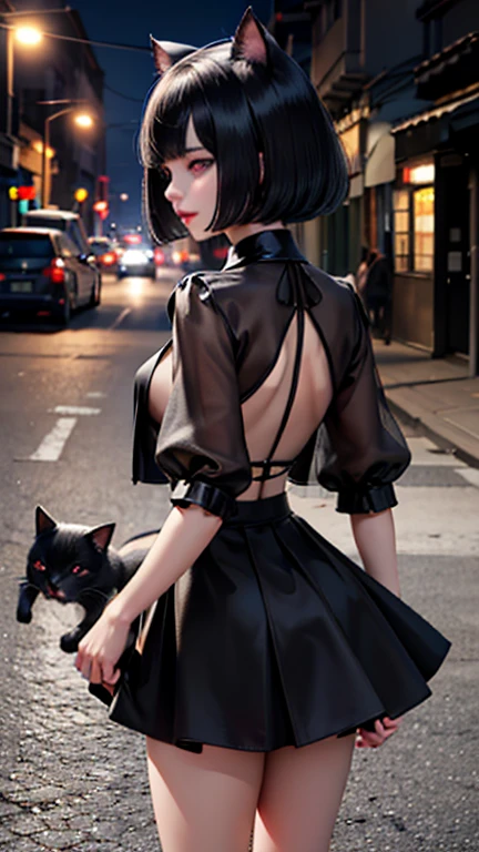 evildoer、girl、Hiding one eye、Black Hair、Bobcut、Black Veil、Black flared mini skirt、Eyes、Cat ear、cute、profile、Close-up of face、10generation、tall、eight-headed body、Back alley at night、Neon lights in the distance、Crouch down