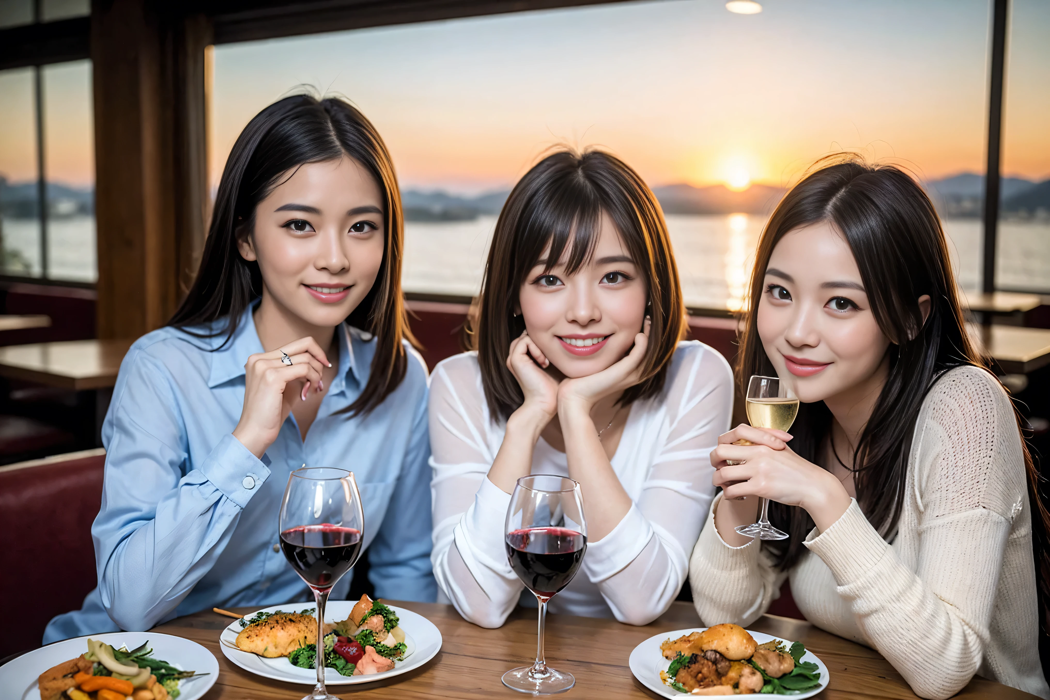 ((highest quality、8k、masterpiece:1.3))、1 male 1 female、Lovers、beautiful couple、Japanese couple、Happy Smile、Dinner Course、Appetizers、Italian food、 (Slim face), (The body is スリム), (Brown Hair), (Shortcuts), ((Bob Hale、Straight hair:1.2)), Wine glass on the table、Please put light on my face、 Amazing view of the sunset sky and clouds、Amazing mountain views、The wonderfulness of smiles、Bright image、Blushing, Shortcuts,Bright Face、 (36 years old), 39 years old, red wine 、Wine bottle、Champagne、sparkling wine、Long sleeve shirt、dress、Attractive beauty、restaurant, Nova Frog Style, actress, model, Upper Body, White wine, red wine, wine glass,