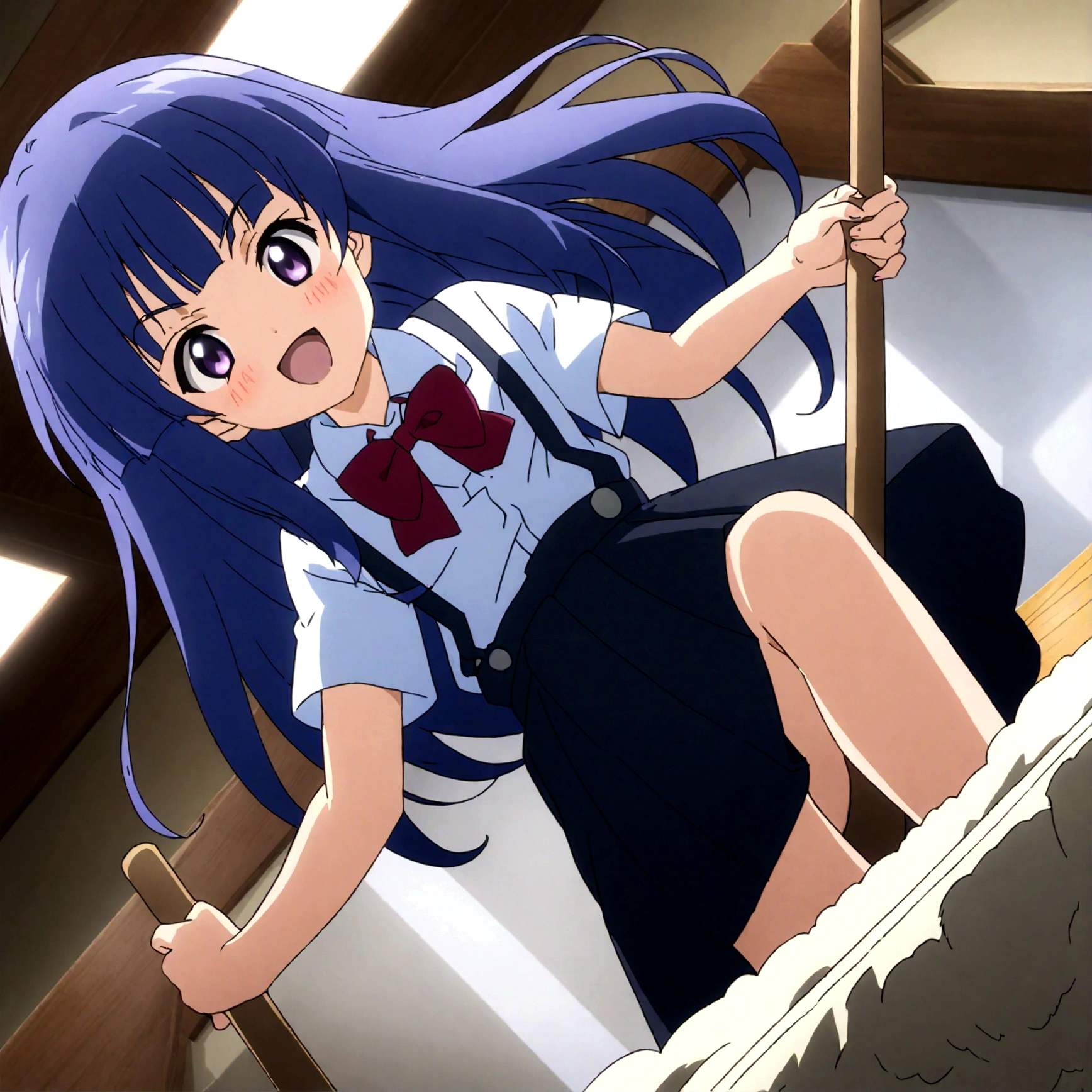 score_9,score_8, score_8_up, BREAK 1girl, solo, furude rika, (tween), kawaii, blue hair, purple eyes, long hair, blunt bangs, bangs,, bow, skirt, shirt, suspenders, smile, short sleeves, pleated skirt, white shirt, open mouth, :d, red bow, facing viewer,^_^,,suspender skirt, black skirt, collared shirt, blush, bowtie, blunt bangs, dress shirt,masterpiece, best quality, source_anime,ceiling, ceiling light, great lighting, detailed shadows, detailed body, anime artwork,anime style, key visual, vibrant, studio anime, highly detailed, anime coloring,,battle stance,(fullbody),spread leg,holding mop,Mopping the floor,motion blur,motion lines,dynamic angle,top angle,