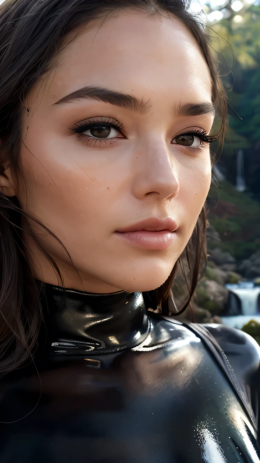 最high quality, masterpiece, 超High resolution, (realism: 1.4), Original photo, 1 girl, black eye, ((Black latex leotard)), Cinema Lighting, Long black hair, At sunset､masterpiece, 最high quality, high quality, High resolution､Very detailed photos、(Natural skin texture、Detailed skin、Hyper realism、Ultra Sharpness)、Highly refined muscles、Very detailed、Detailed skin texture、Beautiful Face、(Realistic Face)、Realistic eyes、Beautiful fine details、Realistic Skin、Beautiful Skin、Ultra-realistic、Very detailed、(((In front of a large waterfall in the forest､)))､Big Tits、(((Face close-up)))