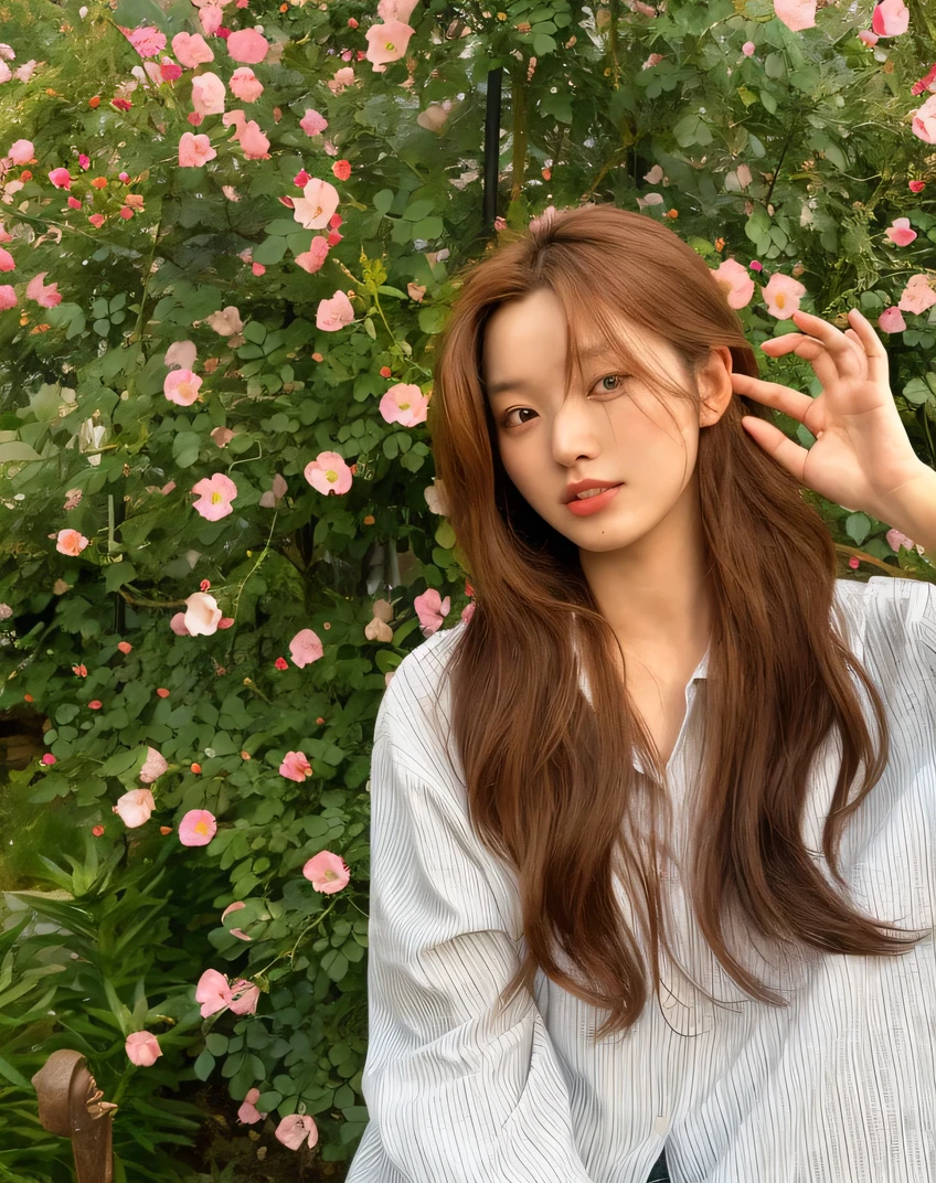 there is a woman sitting on a bench in front of a bush of flowers, ulzzang, with long hair, brown long hair with bangs, brown colored long hair, brown flowing hair, beautiful young korean woman, gorgeous young korean woman, asian girl with long hair, beautiful south korean woman, popular south korean makeup, long hair with bangs, long flowing brown hair