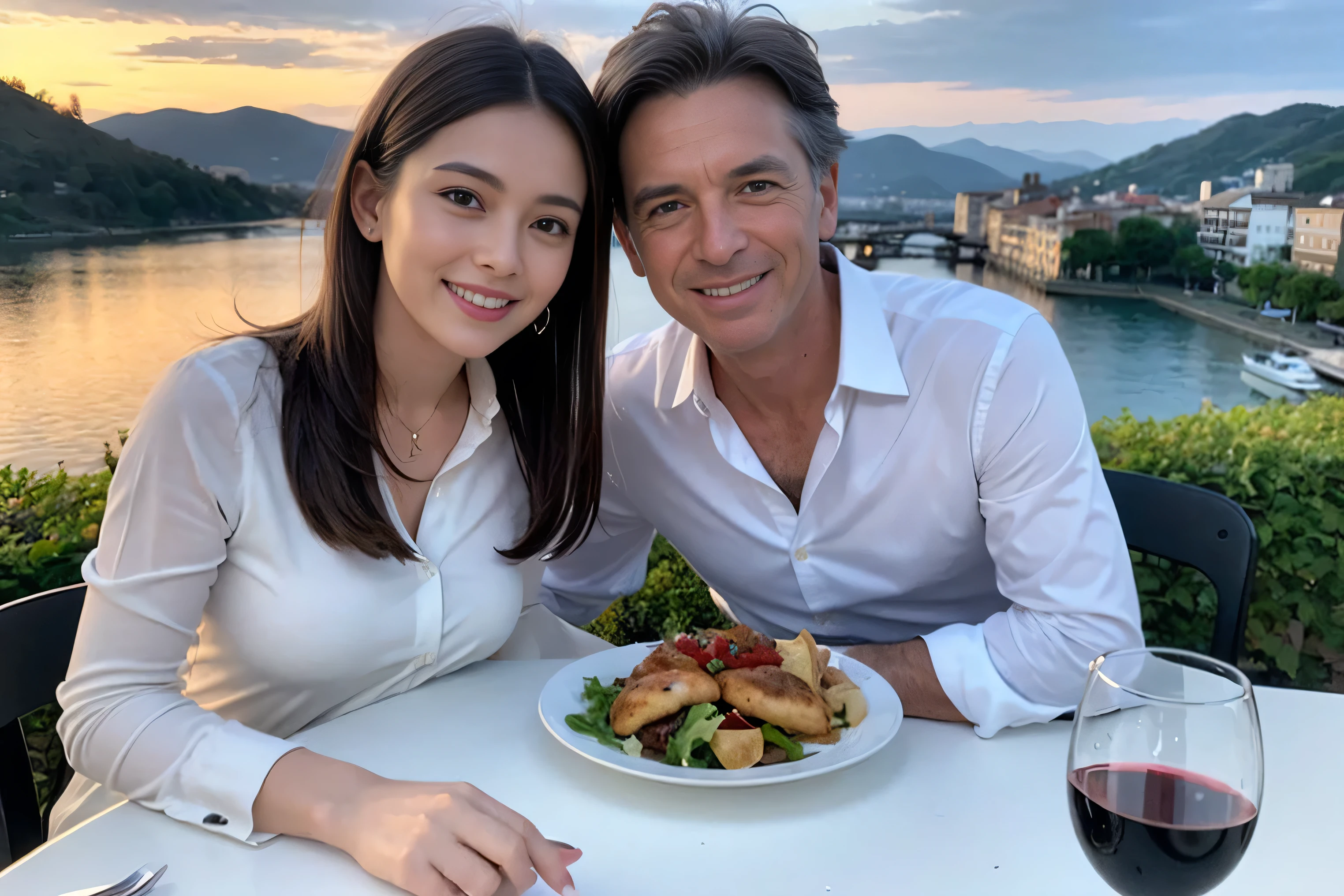 ((highest quality、8k、masterpiece:1.3))、1 male 1 female、Lovers、beautiful couple、Happy Smile、 (Slim face), (The body is スリム), (Brown Hair), (Shortcuts), ((Bob Hale、Straight hair:1.2)), Wine glass on the table、Please put light on my face、 Amazing view of the sunset sky and clouds、Amazing mountain views、The wonderfulness of smiles、Bright image、Blushing, Shortcuts,Bright Face、 (42 years old), 39 years old, red wine 、Appetizers、Italian food、Wine bottle、Champagne、sparkling wine、Long sleeve shirt、dress、Attractive beauty、restaurant, Nova Frog Style, actress, model, Upper Body, White wine, red wine, wine glass,