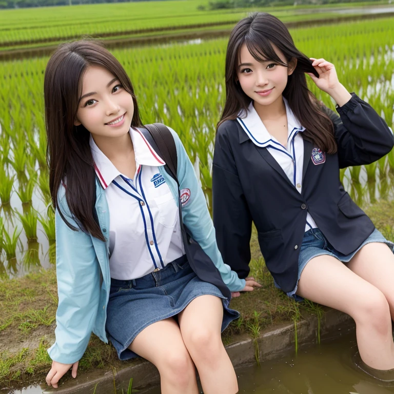 Beautiful Girls Paddy field Dirty clothes Japanese students uniform