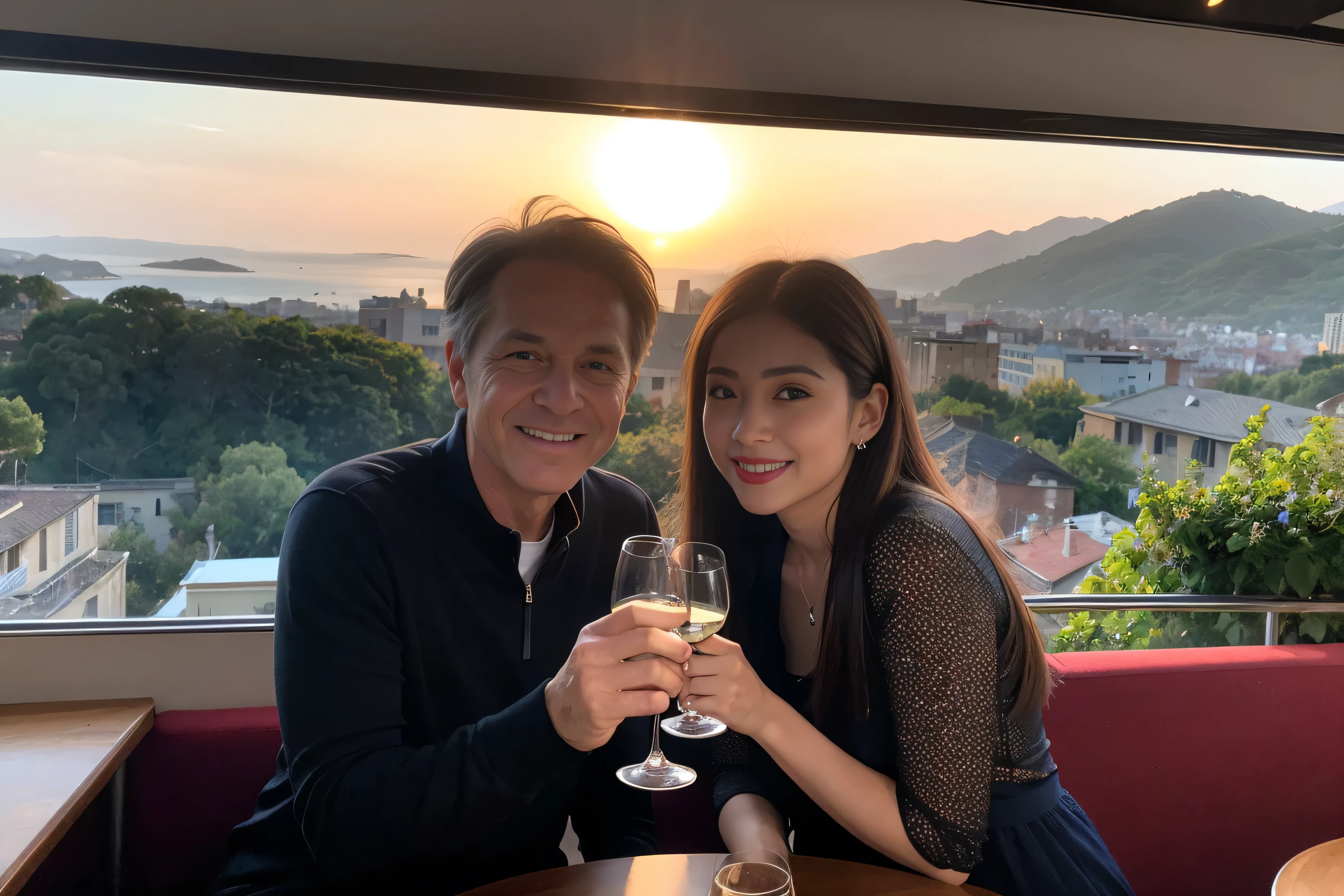 ((highest quality、8k、masterpiece:1.3))、1 male、1 female、lover、Beautiful couple、Smile、 (Slim face), (the body is スリム), (Brown Hair), (Shortcuts), ((Bob Hale、Straight hair:1.2)), Wine glass on the table、Please shine a light on my face、 Amazing view of the sunset sky and clouds、Amazing mountain views、The beauty of a smile、Bright image、Blushing, Shortcuts,Bright Face、 (42 years old), 39 years old, red wine 、Appetizers、Italian food、Wine bottle、Champagne、sparkling wine、Long sleeve shirt、dress、Attractive beauty、restaurant, Nova Frog Style, actress, model, Upper Body, White wine, red wine, wine glass, 