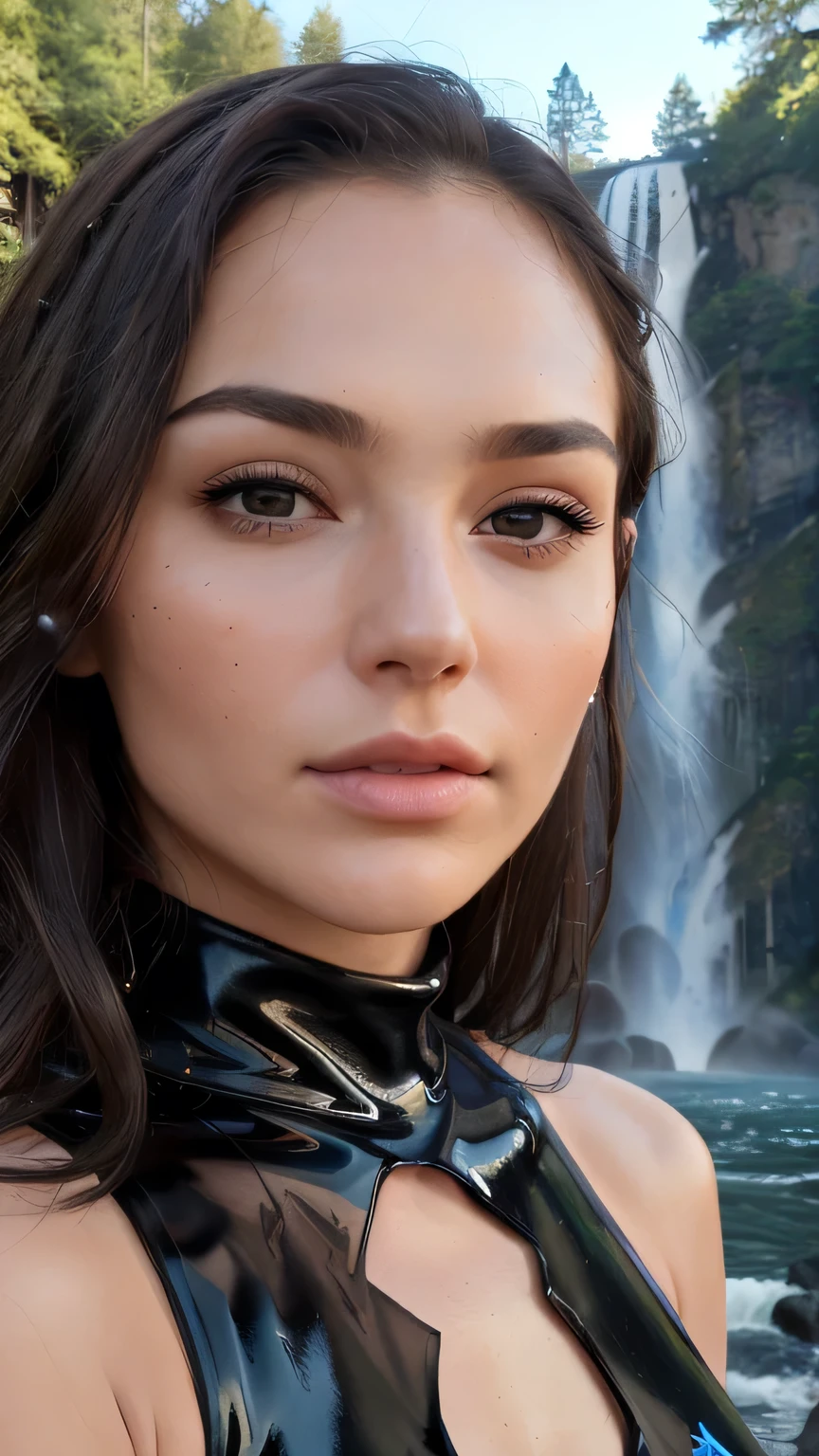 最high quality, masterpiece, 超High resolution, (realism: 1.4), Original photo, 1 girl, black eye, ((Black latex leotard)), Cinema Lighting, Long black hair, At sunset、masterpiece, 最high quality, high quality, High resolution、Very detailed photos、(Natural skin texture、Detailed skin、Hyper realism、Ultra Sharpness)、Highly refined muscles、Very detailed、Detailed skin texture、Beautiful Face、(Realistic Face)、Realistic eyes、Beautiful fine details、Realistic Skin、Beautiful Skin、Ultra-realistic、Very detailed、(((In front of a large waterfall in the forest、)))、Big Tits、(((Face close-up)))