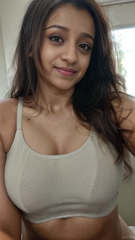 No make up closeup bustshot of trisha,selfie, trisha krishnan, trks woman, hourglass figure, smile,  seductive look, daytime, tank top, sharp focus, octane, HD, 4K, high resolution selfie,messy bedroom, 30 year old ((long face)), ( big cheeks), (( beautiful eyes)), shaggy messy hair, exposing navel, dim light