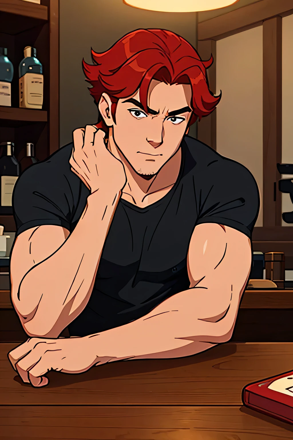 A red-headed man having a bit of a baby face with refined features, his hair carefully tousled and held in place by some alchemical hair product, almost pretty for a man, wearing a black workout shirt, slouching forward on the table, resting his chin in his hands.