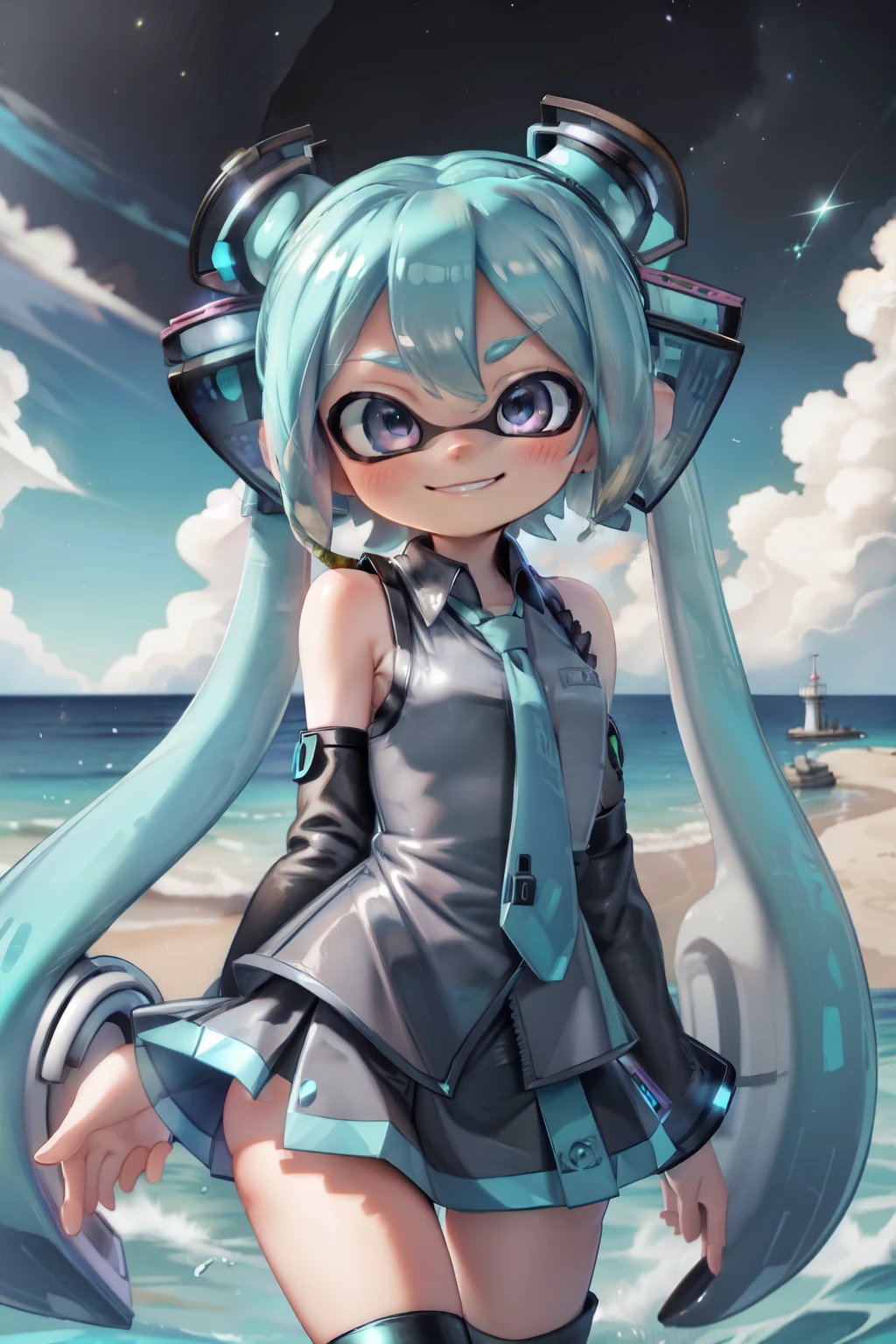 ((masterpiece)),(highest quality),Official Art,Highly detailed CG,unity 8k wallpaper,Super detailed,Lighthouse on top of a cliff by the sea,Splatoon Girl,alone,Cowboy Shot,Hatsune Miku, Hatsune Miku Cosplay、View Viewer,Black sleeves,Sleeveless shirt,White shirt,fringe,smile,Black knee socks,Hair between the eyes,Twin-tailed tentacle hair,Very long tentacle hair,Aqua Eye,Aqua Hair,Removable sleeves,mini skirt,aqua necktie,Thigh-high boots,