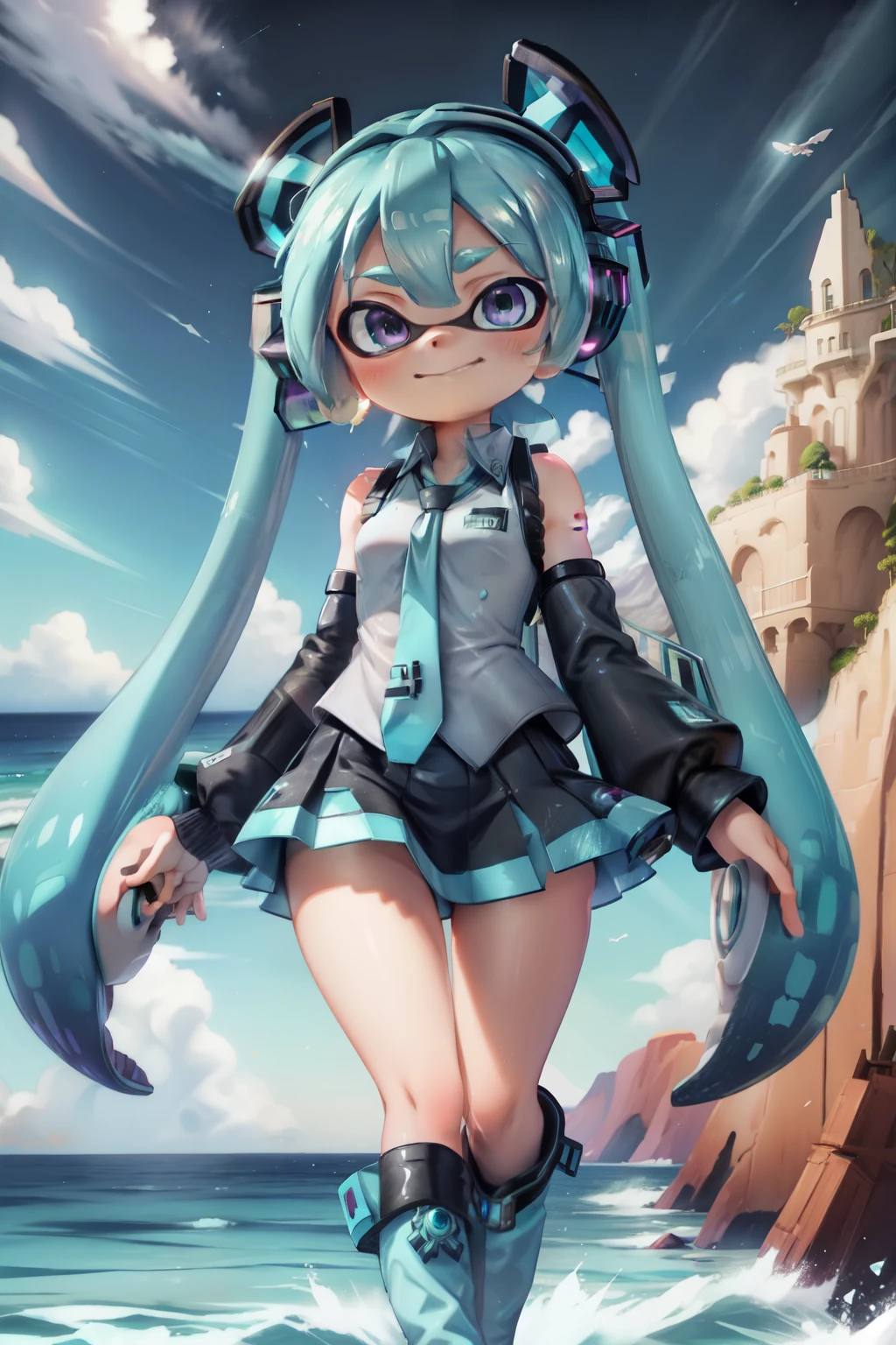 ((masterpiece)),(highest quality),Official Art,Highly detailed CG,unity 8k wallpaper,Super detailed,Lighthouse on top of a cliff by the sea,Splatoon Girl,alone,Cowboy Shot,Hatsune Miku, Hatsune Miku Cosplay、View Viewer,Black sleeves,Sleeveless shirt,White shirt,fringe,smile,Black knee socks,Hair between the eyes,Twin-tailed tentacle hair,Very long tentacle hair,Aqua Eye,Aqua Hair,Removable sleeves,Micro Mini Skirt,aqua necktie,Thigh-high boots,((From below))、