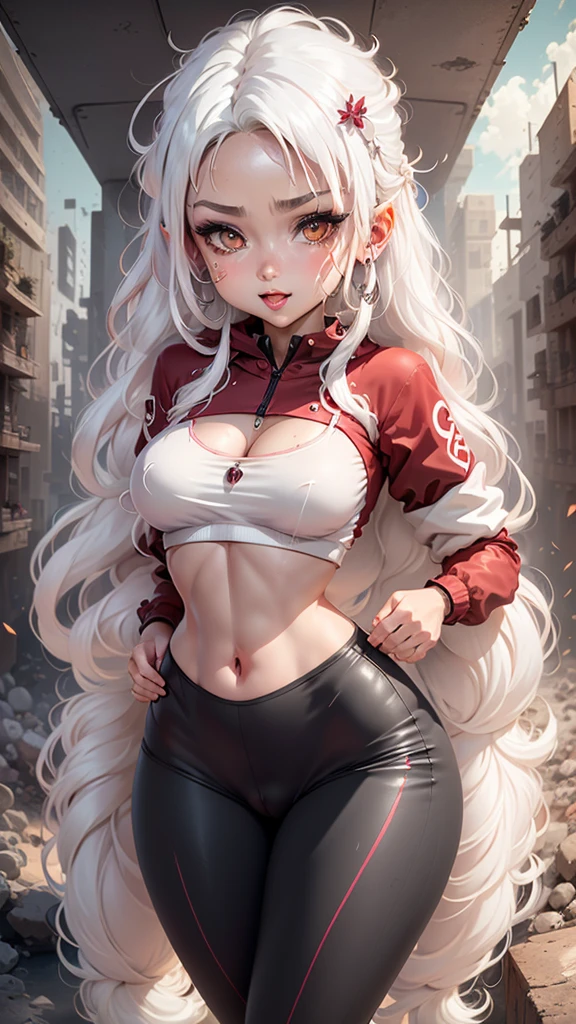 single, 1 woman\((chibi:1.8), cute, kawaii, , (white hair: 1.7), (very long hair: 1.7), bumps, (red eye), big eye, beautiful bright eye, color white skin, big hair bow, (outfit\(very revealing yoga outfit), sexy, (very tight: 1.5), (show body line: 1.2), BREAK, Background\(rubble city, (close woman ), BREAK, quality\(8K, extremely detailed CG unit wallpaper, master art, (((high resolution))), (((high quality))), (((real high quality skin texture ))), (((hyperrealistic))), (((increased resolution))), RAW photos, (((best quality))), (((very detailed))), wallpaper, golden ratio\ ), (thin and marked waist), (((underwear is transparent))), (ultra detailed skin), (large chest), (large buttocks), (wide legs), smile, (((perfect body) )), (perfect face),