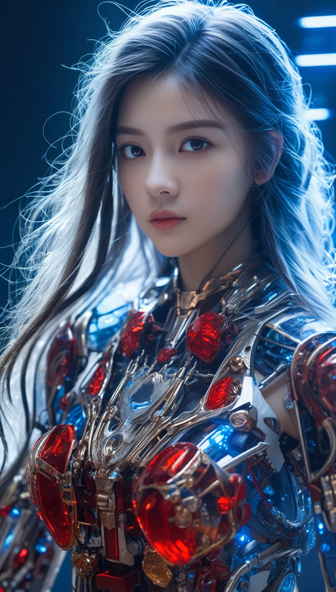 front_view, masterpiece, best quality, Reality, RAW photos, (1 girl, looking at viewer), long hair, Transparent glass mecha, complex texture, Delicate blue filigree, intricate filaments, red metal parts, detail, Dynamic poses, Detailed background, Dynamic Lighting,