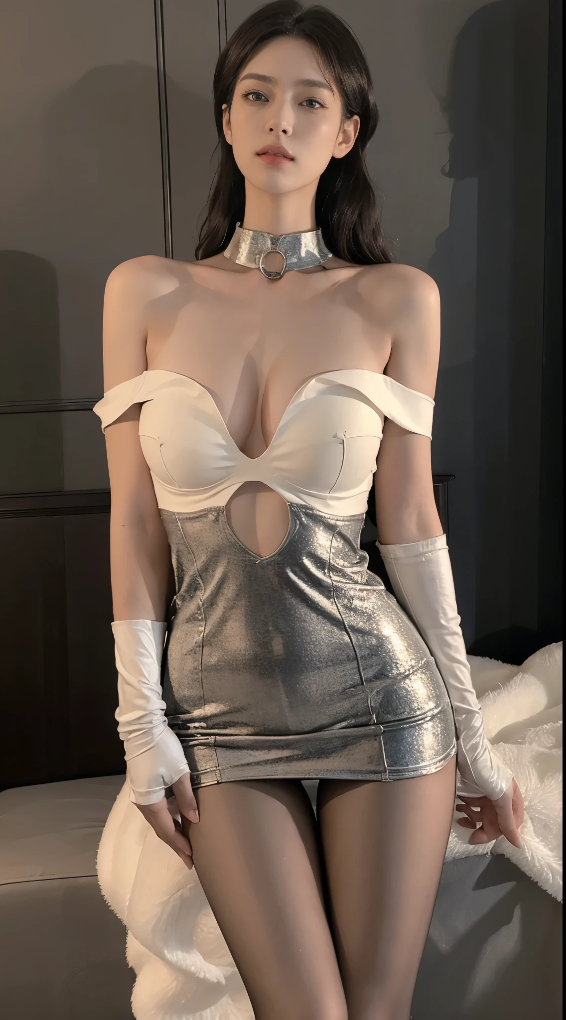 body suit, ((cowboy shot)), ((Bare shoulder)), ((Short hemlines, sexy long legs)), realistic detailed photo of a giant breasted girl with exposed shoulders, detailed fingers, high quality skin, red eyes, alone in a winter scene with clouds, wind, and flowing hair, (best quality,4k,8k,highres,masterpiece:1.2),ultra-detailed,(realistic,photorealistic,photo-realistic:1.37),studio lighting,vivid colors