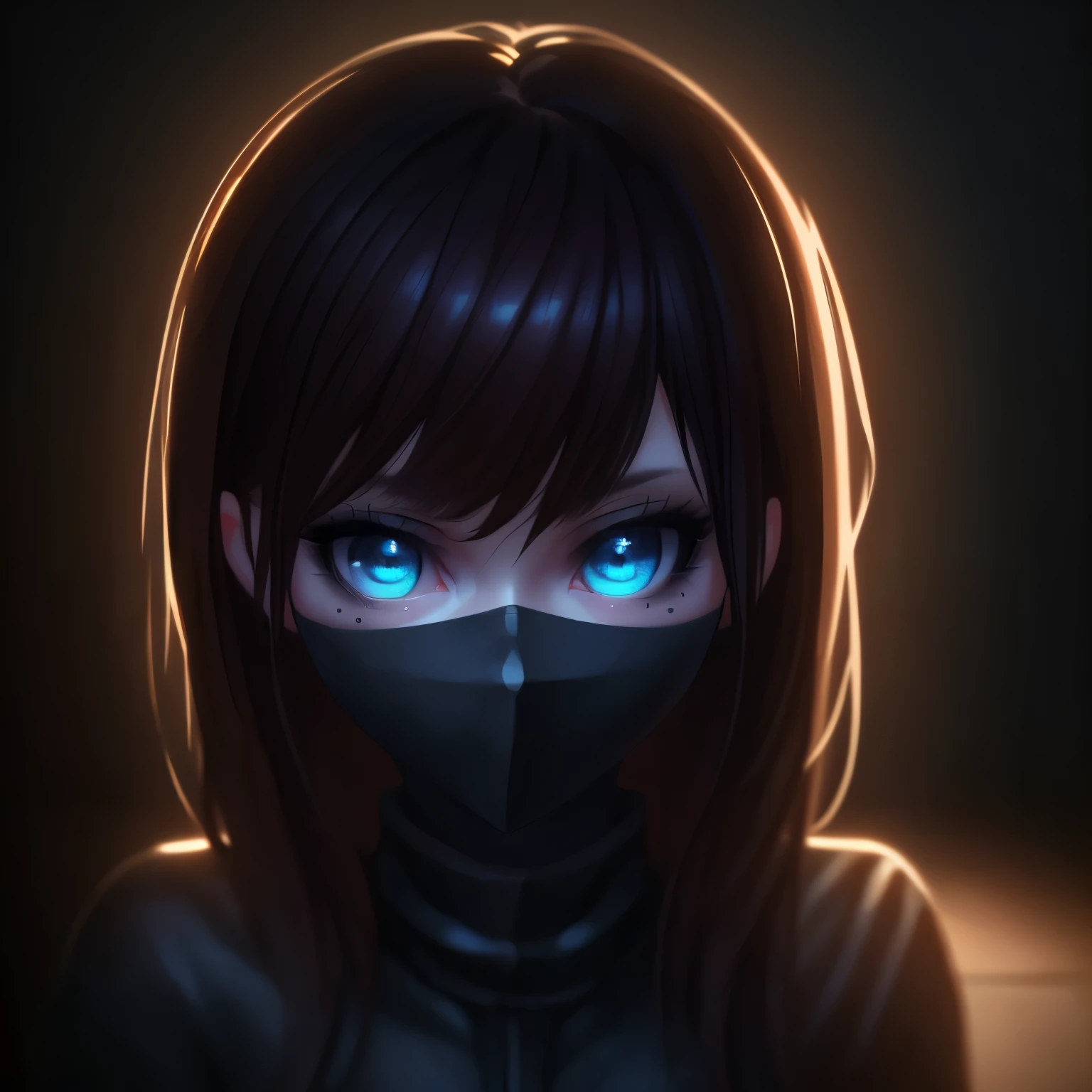 chibi girl, long detailed brown hair, beautiful detailed blue eyes, black clothes, detailed mask, (best quality,4k,8k,highres,masterpiece:1.2),ultra-detailed,(realistic,photorealistic,photo-realistic:1.37),dark fantasy,dramatic lighting,cinematic,moody atmosphere