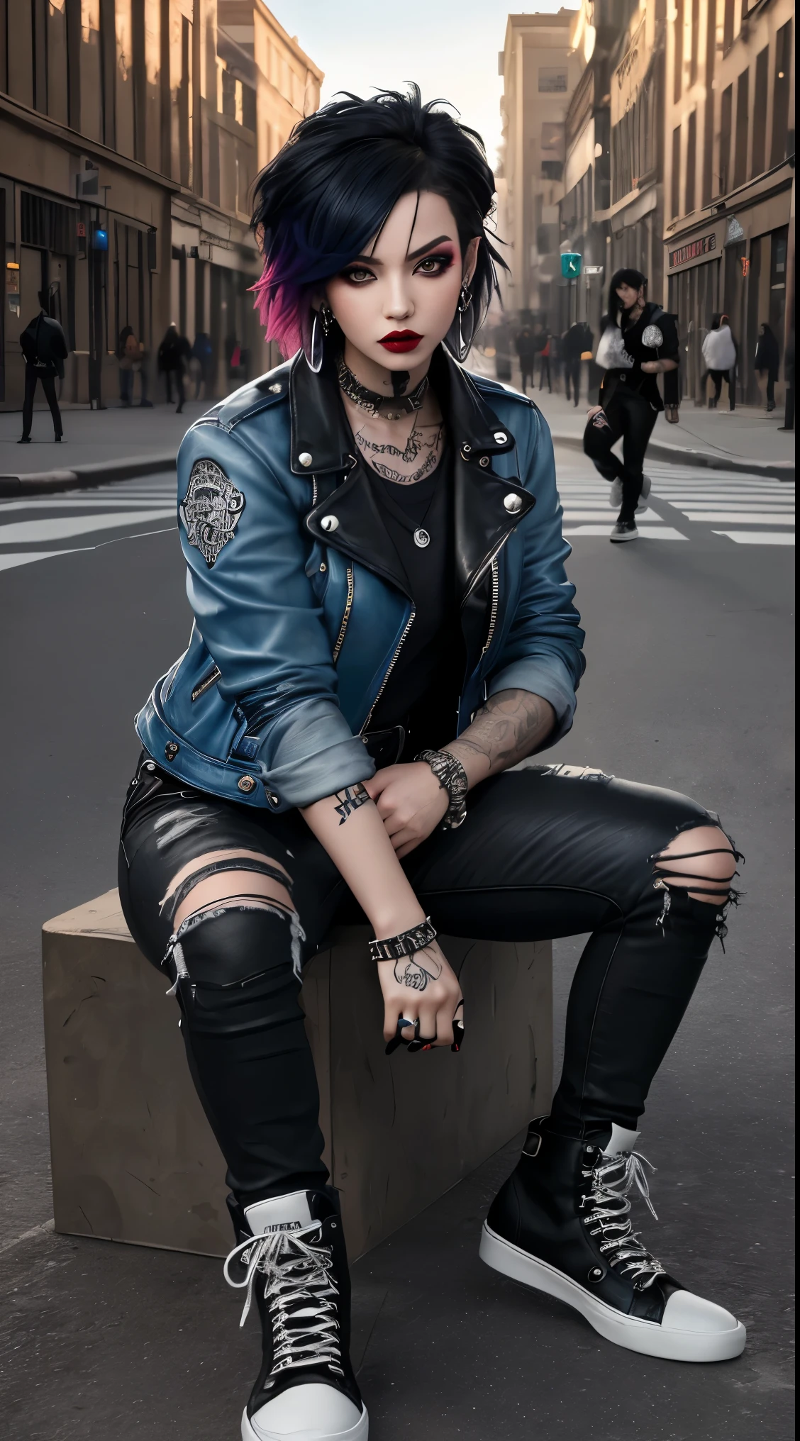 A rebellious and edgy girl with messy hairstyle, piercings, tattoos, silver studded nails, intricate designs, ear decorations, nose piercing, ripped jeans, leather jacket, band t-shirt, combat boots, chunky sneakers, studded belt, fingerless gloves, silver rings, rebellious aesthetic, (best quality,4k,8k,highres,masterpiece:1.2),ultra-detailed,(realistic,photorealistic,photo-realistic:1.37), HDR, vivid colors, punk rock style, edgy fashion, midnight black, fiery red, rebellious attitude, expressive eyes, punk rock makeup, urban street style.