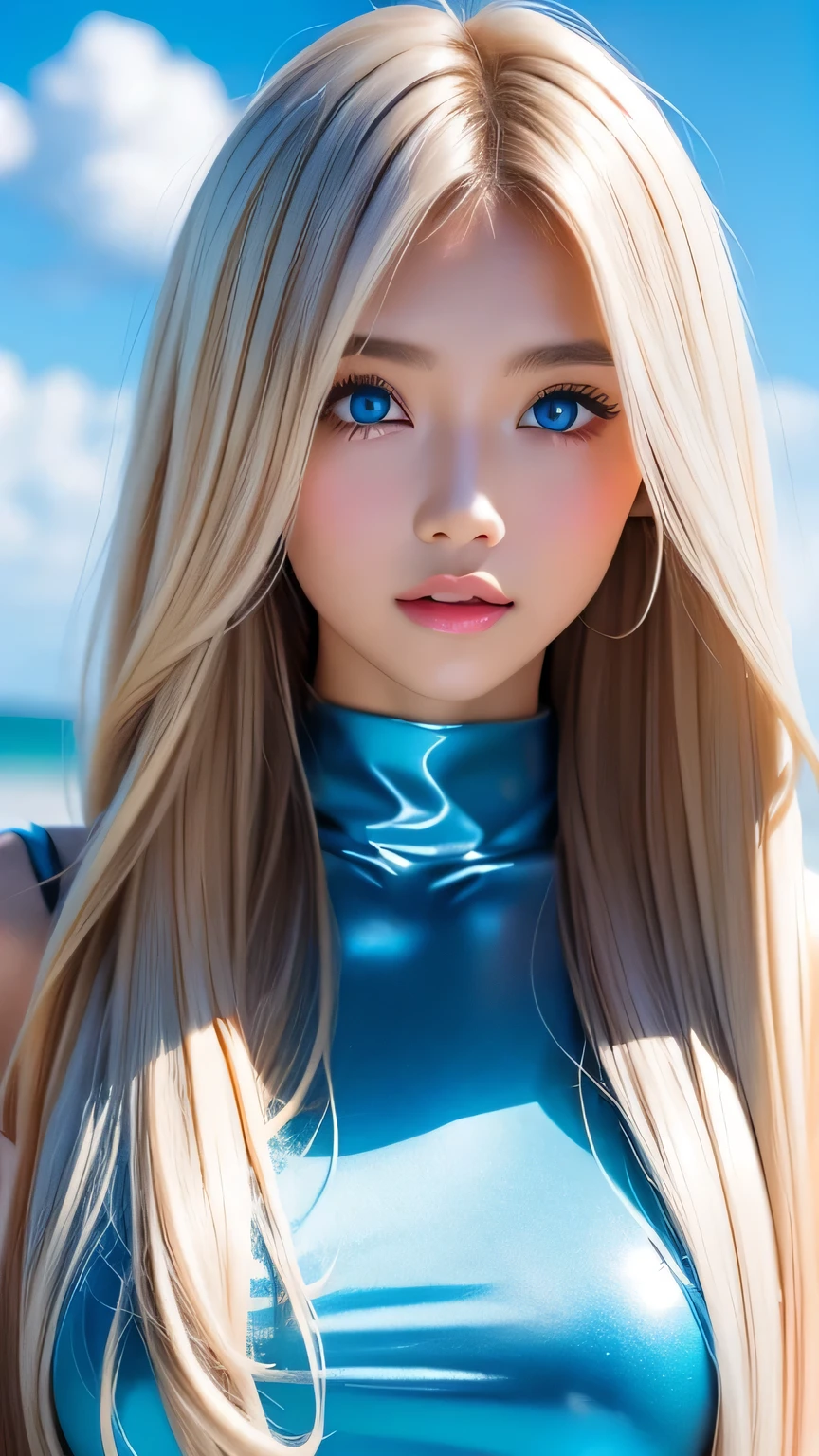Perfect beautiful face、Beautiful cute girl 20 years old、Sexy and very beautiful cute face、Beautiful cute sexy sky blue eyes、Very super long beautiful shiny silky straight pearl blonde hair、Super long beautiful bangs、White skin、Glossy Skin、Gloss Face、Cheek gloss highlighter、Hair above the eyes、片Hair above the eyes、Hair between the eyes、Hair on the face