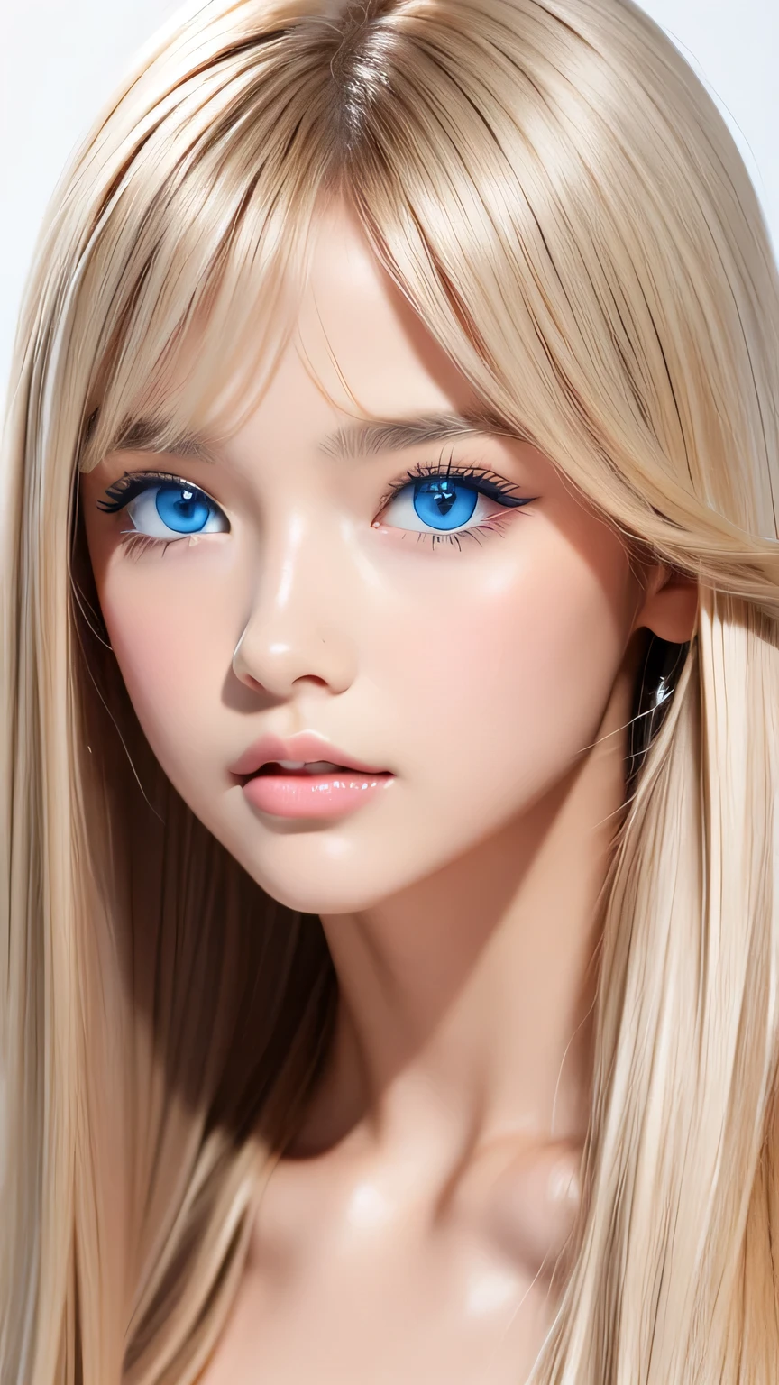 Perfect beautiful face、Beautiful cute girl 20 years old、Sexy and very beautiful cute face、Beautiful cute sexy sky blue eyes、Very super long beautiful shiny silky straight pearl blonde hair、Super long beautiful bangs、White skin、Glossy Skin、Gloss Face、Cheek gloss highlighter、Hair above the eyes、片Hair above the eyes、Hair between the eyes、Hair on the face