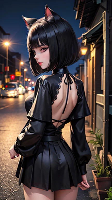 evildoer、girl、Hiding one eye、Black Hair、Bobcut、Black Veil、Black flared 、Eyes、Cat ear、cute、profile、Close-up of face、１０generation、tall、eight-headed body、Back alley at night、Neon lights in the distance