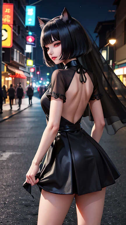 evildoer、girl、Hiding one eye、Black Hair、Bobcut、Black Veil、Black flared mini skirt、Eyes、Cat ear、cute、profile、Close-up of face、10generation、tall、eight-headed body、Back alley at night、Neon lights in the distance