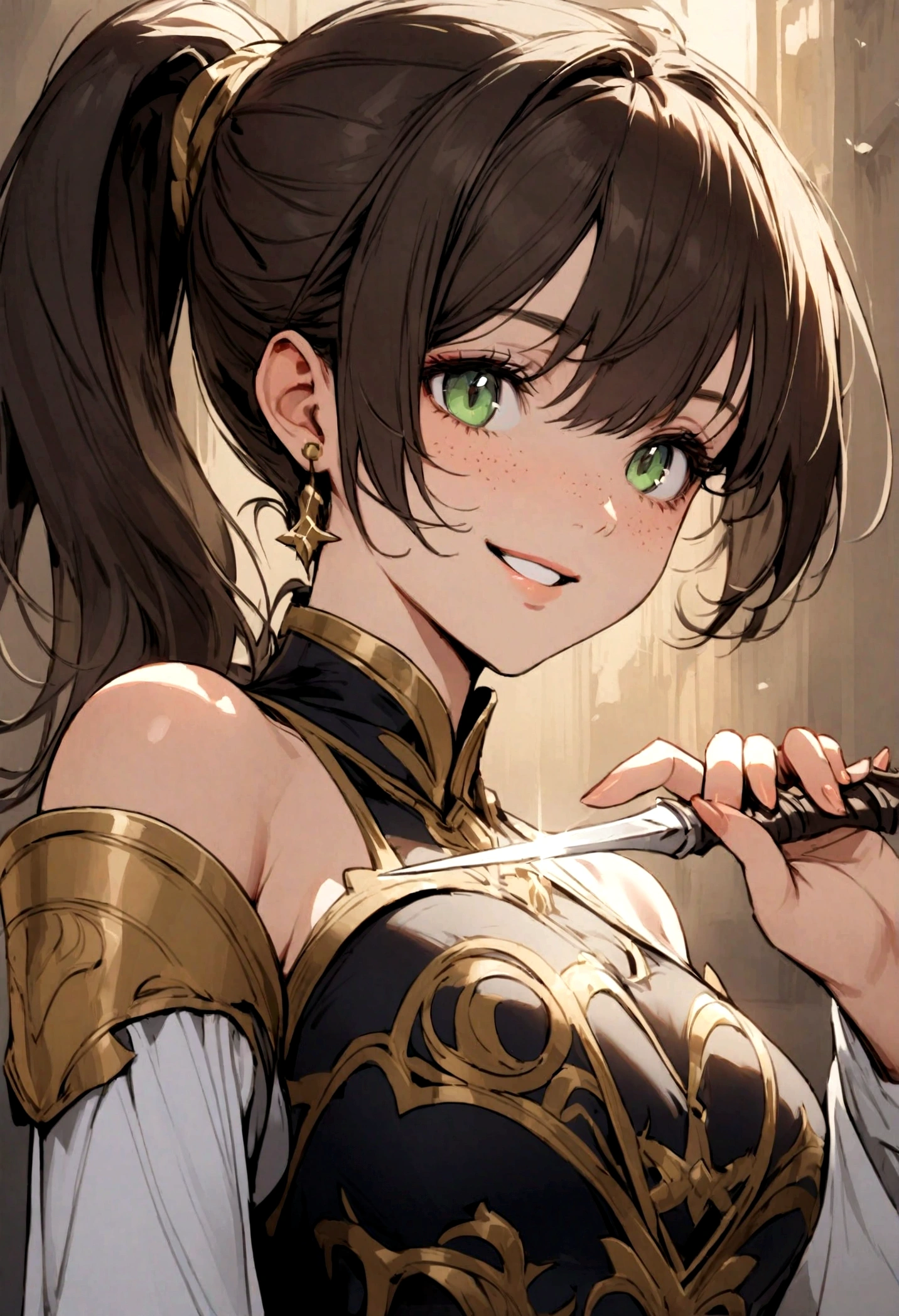 Long, dark brown hair that she often keeps tied back in a practical ponytail to keep it out of her way during sneaky maneuvers.
Eyes:
Bright green eyes that sparkle with mischief and curiosity. They are always darting around, observing her surroundings and looking for opportunities.
Build:
Slender and agile, with a light, nimble frame that allows her to move silently and with great dexterity.
Skin:
Lightly tanned, with a few freckles dotting her cheeks and nose, giving her a youthful and energetic appearance.
Clothing/Armor:
Wears light leather armor, fitted to her form to allow maximum movement without making any noise. The armor is adorned with various pockets and straps for her tools and weapons. She carries a set of lockpicks, a short sword, and several daggers hidden on her person.
Other Features:
She has a small, silver earring in her left ear, a keepsake from her family. Her fingers are calloused from years of practice with delicate tools and weapons. She often has a playful grin, and her movements are graceful, almost like a dance.