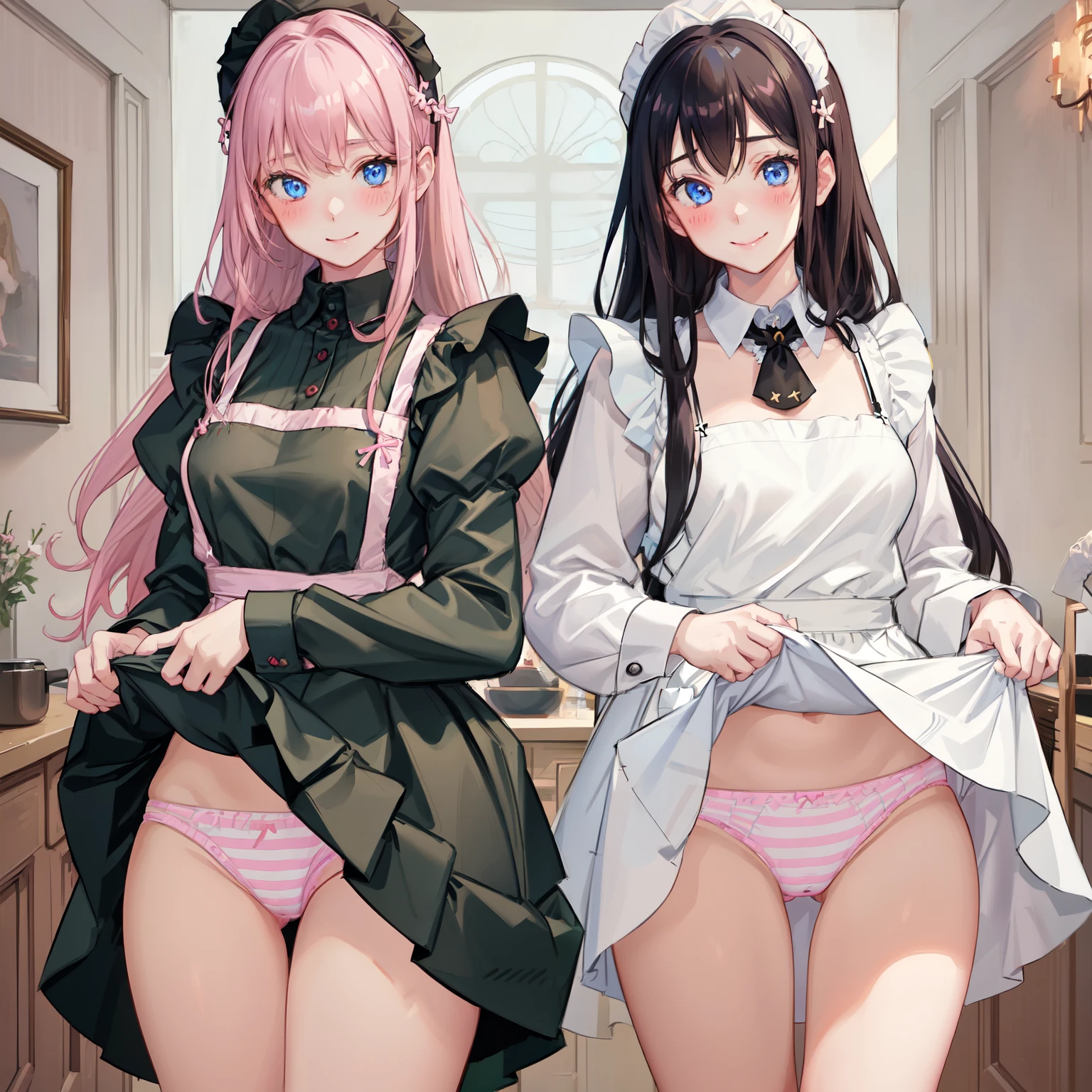 highest quality, masterpiece, ((2 girls:1.5)), ((smile:1.3)), (blush:1.3), Black Shirt, blouse, ((fun!!)), (Small breasts), Blonde, (Long sleeve), ((White apron:1.5)), ((Maid)), ((hair ornaments)), Kamimei, look at me, ((in house:1.5)), Taking a break from watching the audience, Cowboy Shot, (skirtlift:1.3), (Highly detailed pink striped panties:1.3), (Highly detailed panties:1.3), (skirt that rolls up:1.3), (Panties fully exposed:1.5), Light blue eyes, long hair, Glowing Eyes
