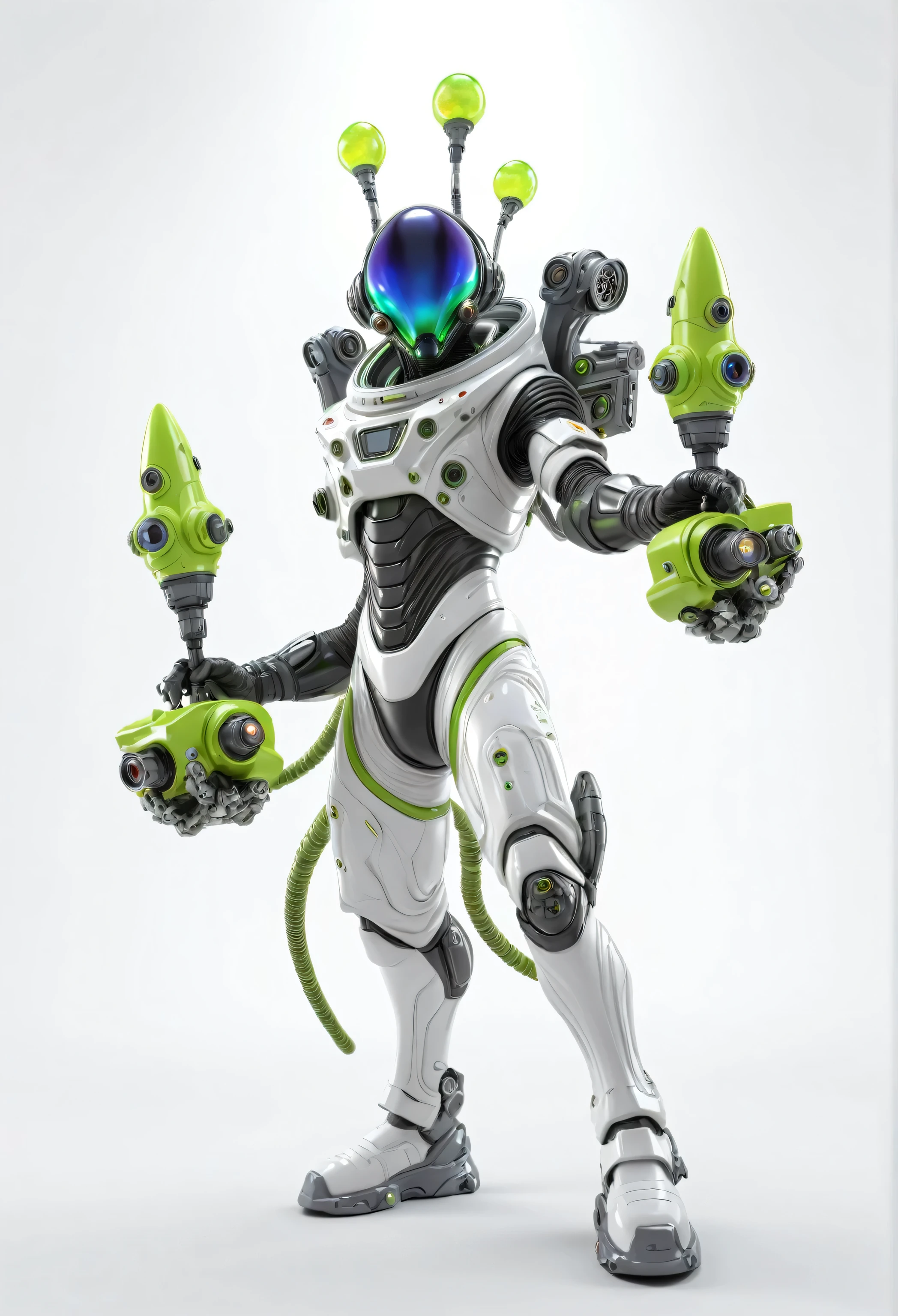 An alien male with four arms, wearing a space suit, holding a laser weapon in his hand, facing the camera, technological sense, ugly, 3d rendering, ray tracing, white background