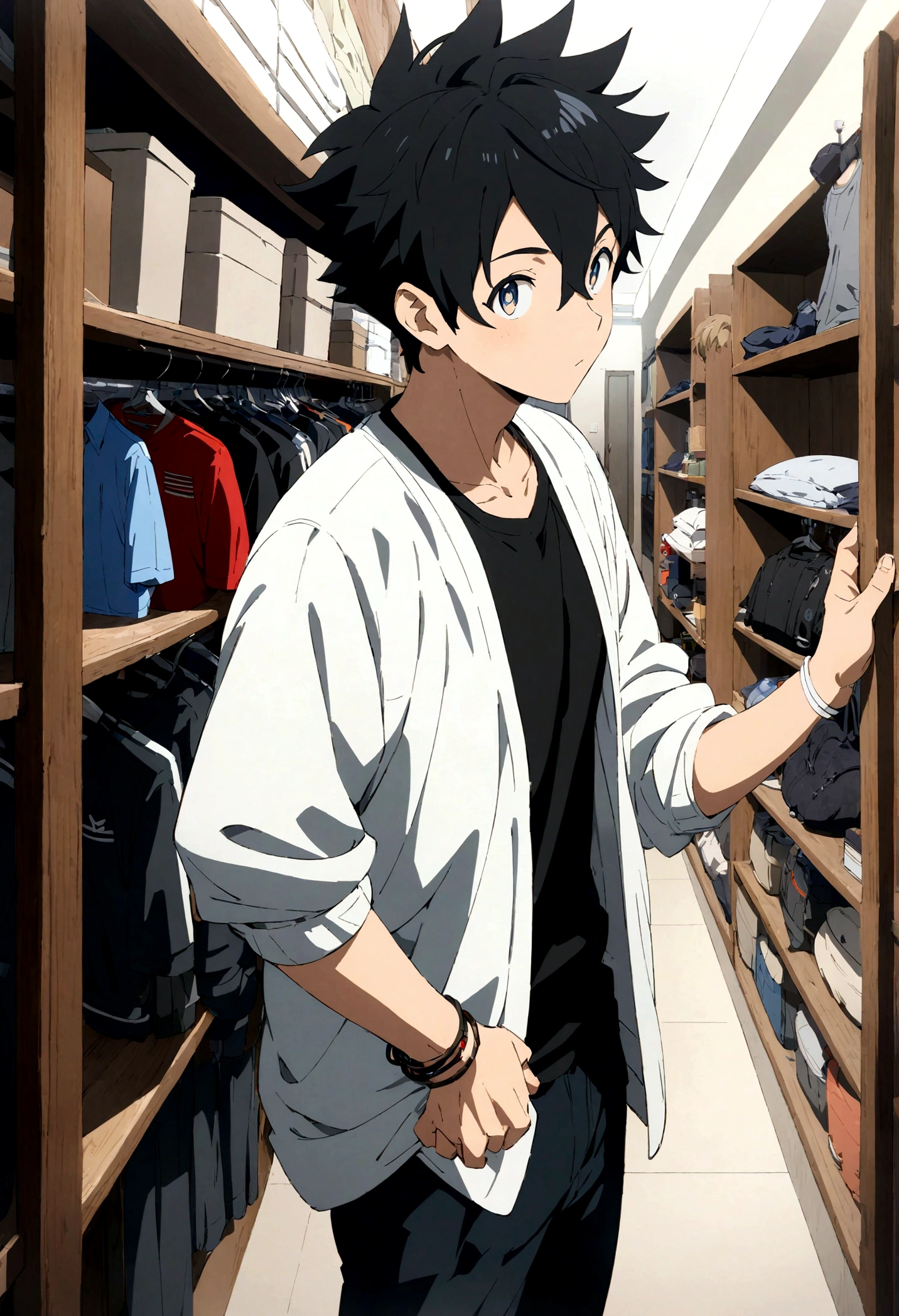 boys,,,,,,boys,,,,,,male protagonist,,,Bright Eyes,Black Hair,Refreshing guy,bright personality,Men's Center,A rich expression,bracelet,Athletic Department Boys' Dormitory,Pure Innocence,Spiked Hair,Black and White,Casual clothes,creation,high resolution,4k,8k,quasi-masterpiece,highest quality,Anime Style,Makoto Shinkai Style,Cel animation art,Light and Dark,light and dark,thin limbs,