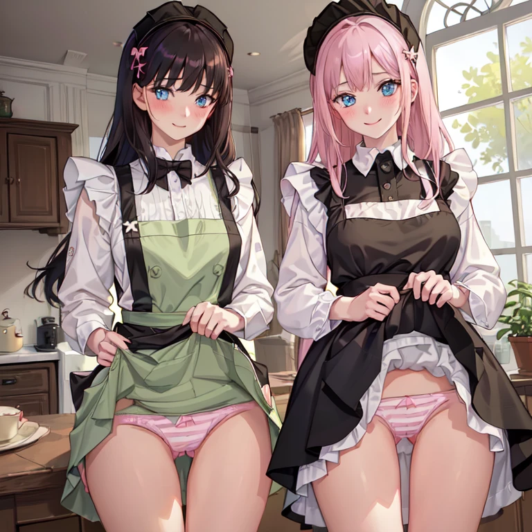 highest quality, masterpiece, ((2 girls:1.5)), ((smile:1.3)), (blush:1.3), Black Shirt, blouse, ((fun!!)), (Small breasts), Blonde, (Long sleeve), ((White apron:1.5)), ((Maid)), ((hair ornaments)), Kamimei, look at me, ((in house:1.5)), Taking a break from watching the audience, Cowboy Shot, (skirtlift:1.3), (Highly detailed pink striped panties:1.3), (Highly detailed panties:1.3), (skirt that rolls up:1.3), (Panties fully exposed:1.5), Light blue eyes, long hair, Glowing Eyes